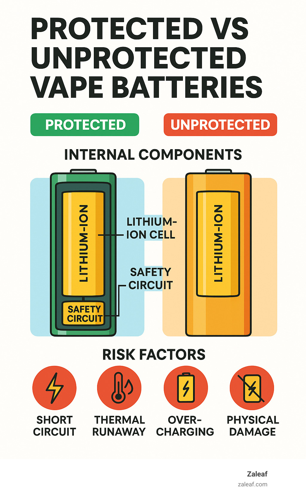 Detailed comparison infographic showing protected vs unprotected vape battery internal components, safety circuits, and risk factors - how can unprotected vape batteries be dangerous infographic 