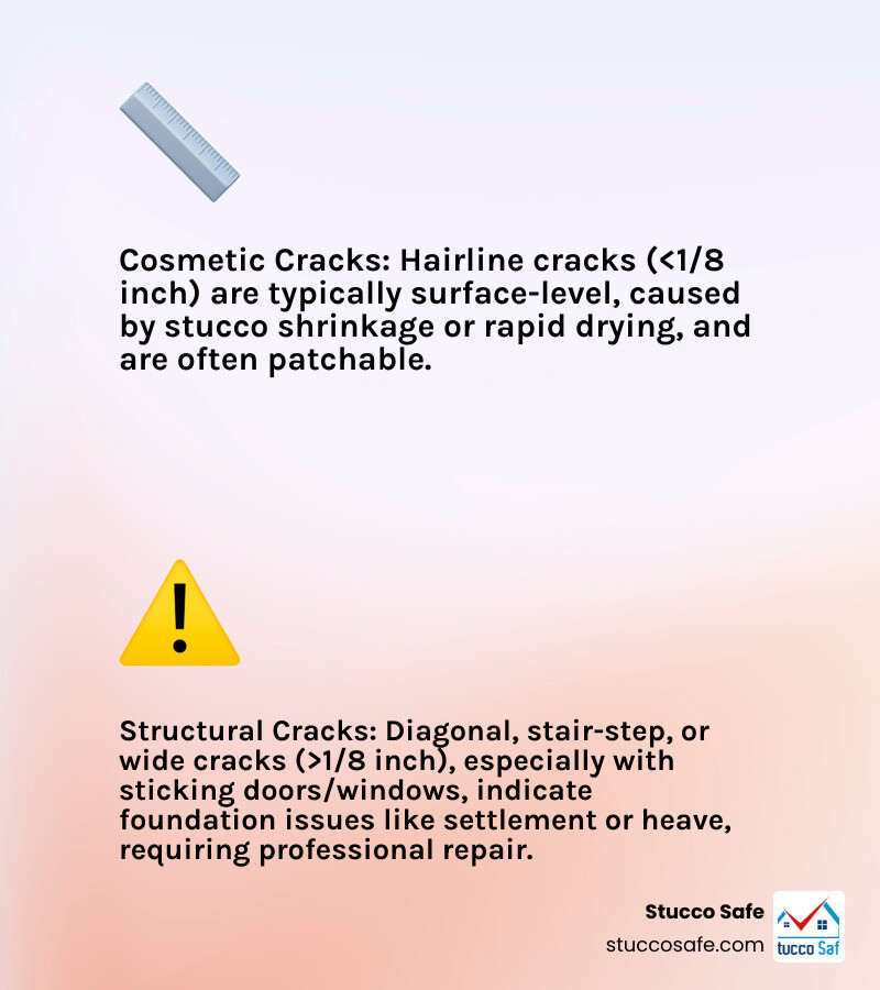 Comprehensive guide showing the difference between cosmetic stucco hairline cracks (less than 1/8 inch, caused by shrinkage) versus structural foundation cracks (diagonal patterns, stair-step formations, and wide gaps indicating settlement or heave), including visual examples of proper repair methods for each type - stucco foundation repair infographic 2_facts_emoji_light-gradient