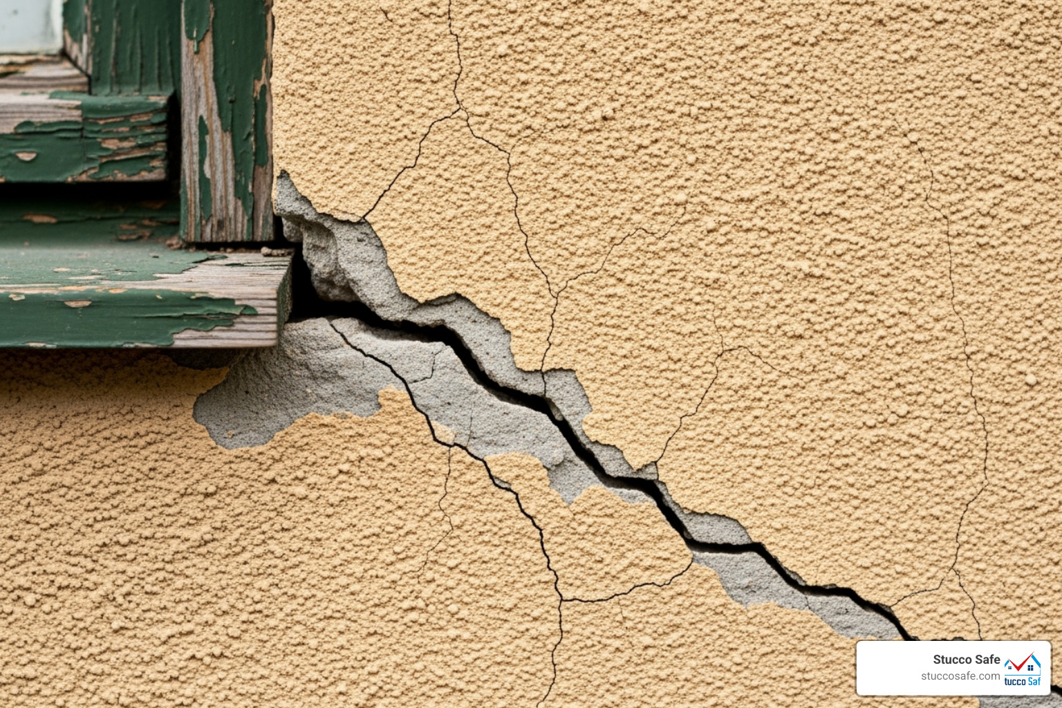 close-up on a diagonal stucco crack originating from a window corner - stucco foundation repair