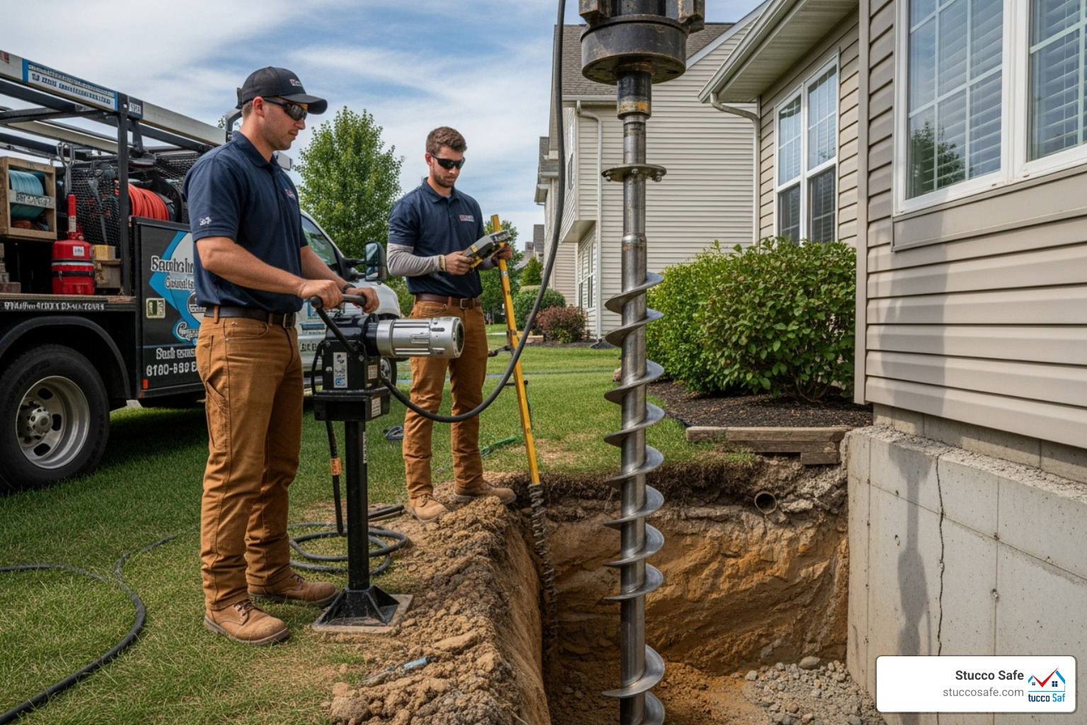 professional foundation repair team installing a helical pier - stucco foundation repair