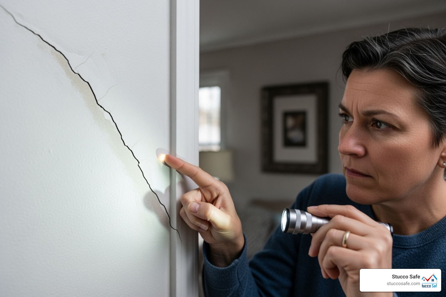 homeowner looking at a cracked interior drywall wall - stucco foundation repair