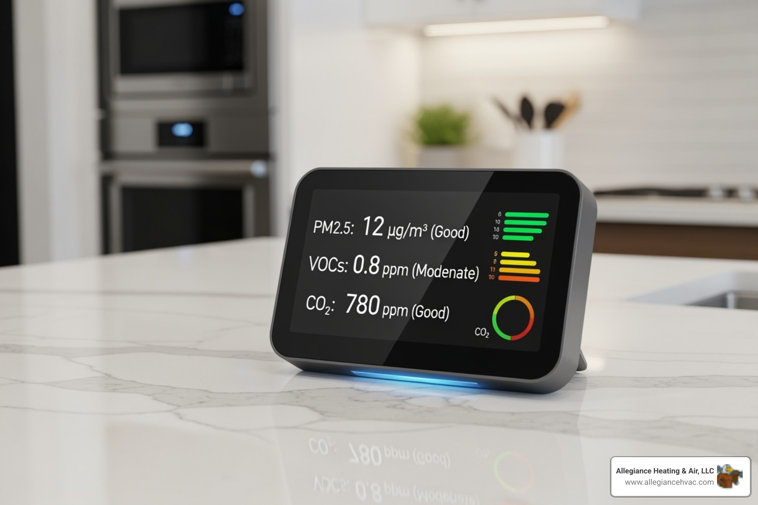 A smart indoor air quality monitor on a countertop displaying real-time readings of various pollutants - Indoor air quality solutions