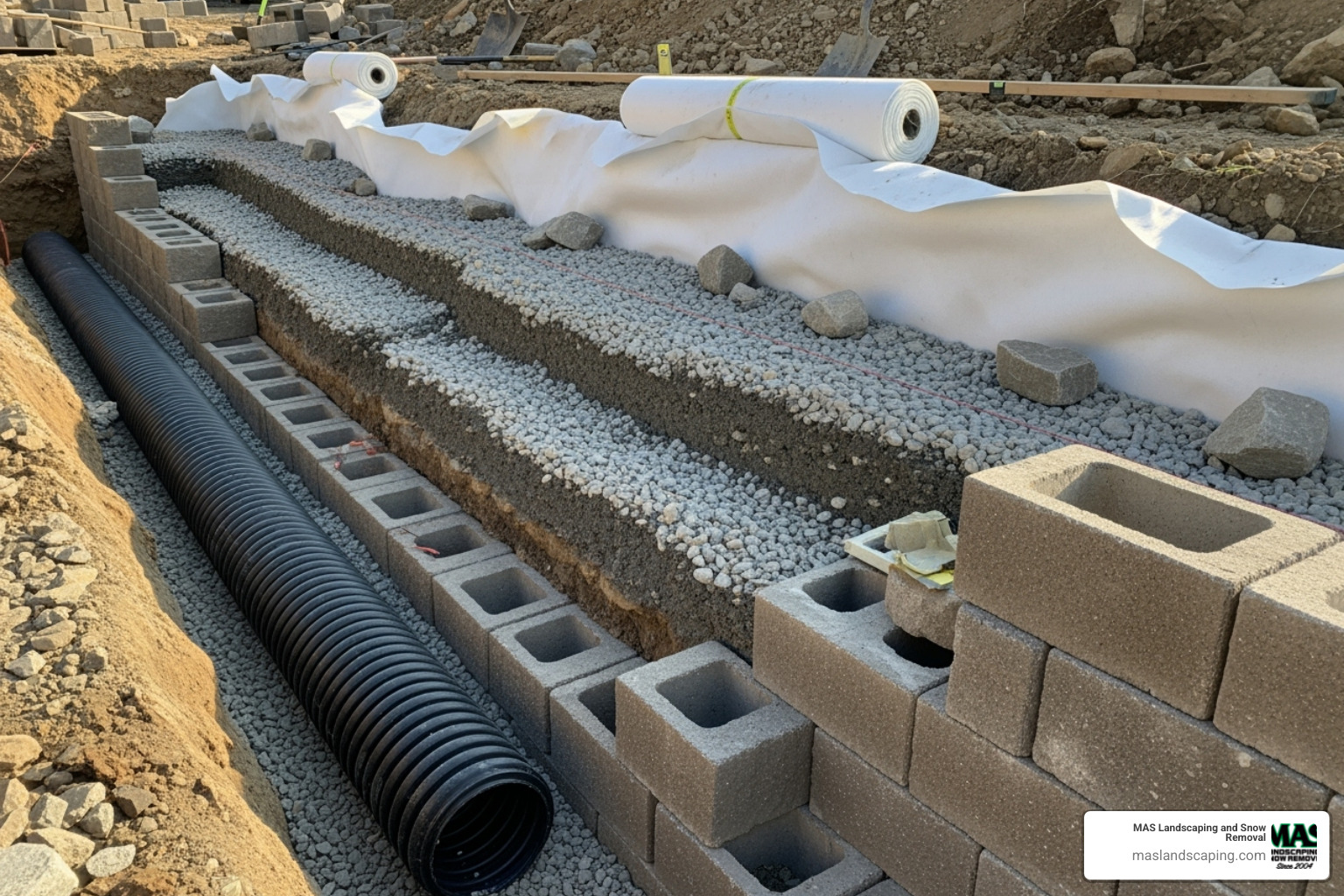 A retaining wall under construction showing drainage and backfill - retaining wall builders near me
