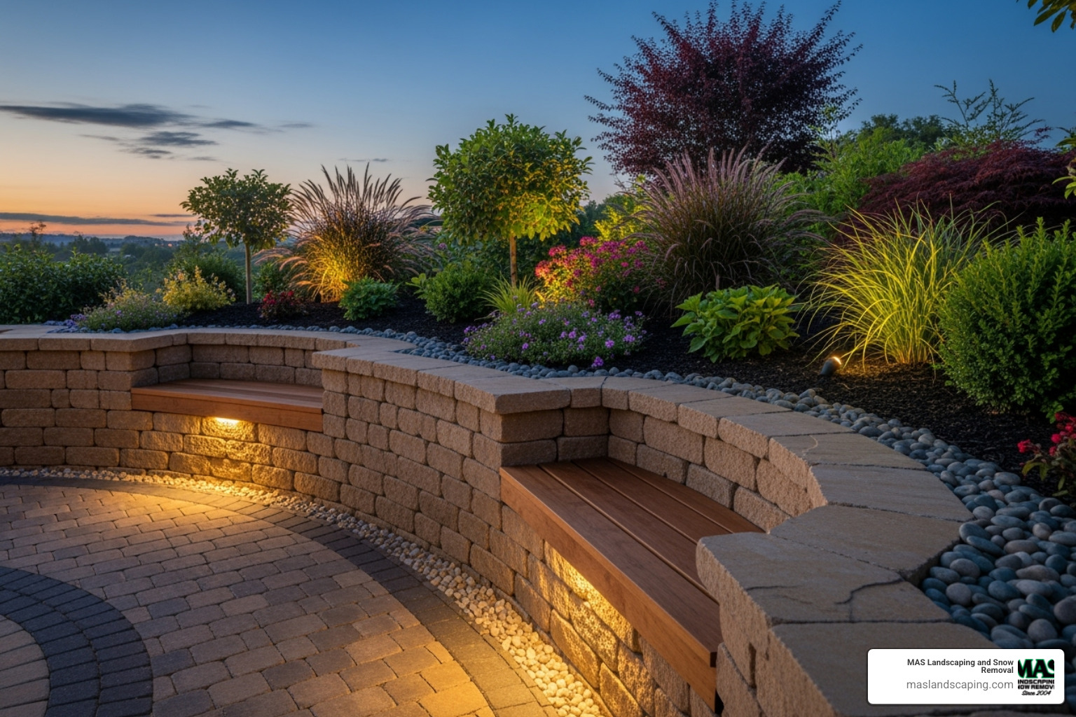 A decorative retaining wall with built-in seating and lighting - retaining wall builders near me