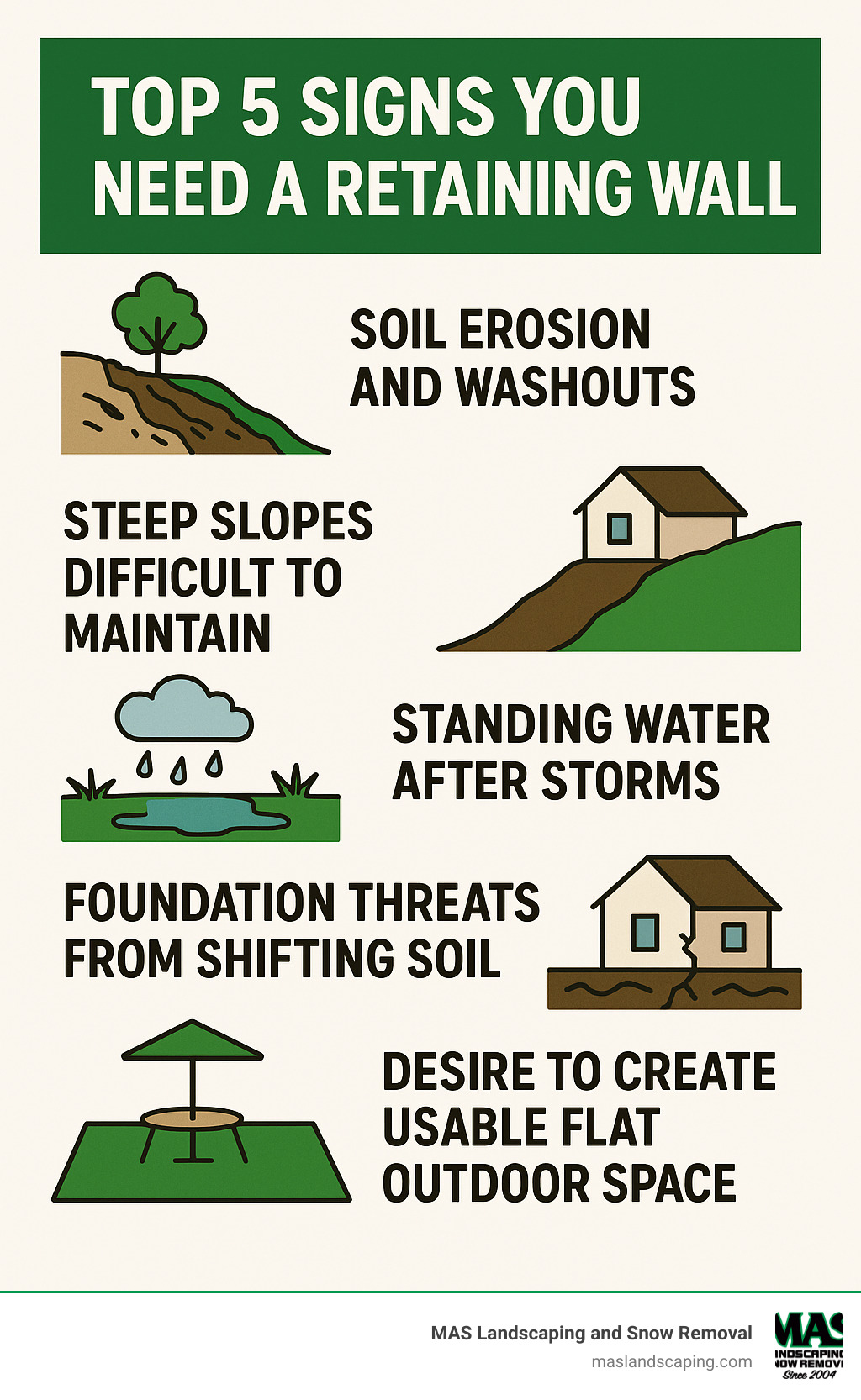 Infographic showing the top 5 signs you need a retaining wall: soil erosion and washouts, steep slopes difficult to maintain, standing water after storms, foundation threats from shifting soil, and desire to create usable flat outdoor space - retaining wall builders near me infographic 
