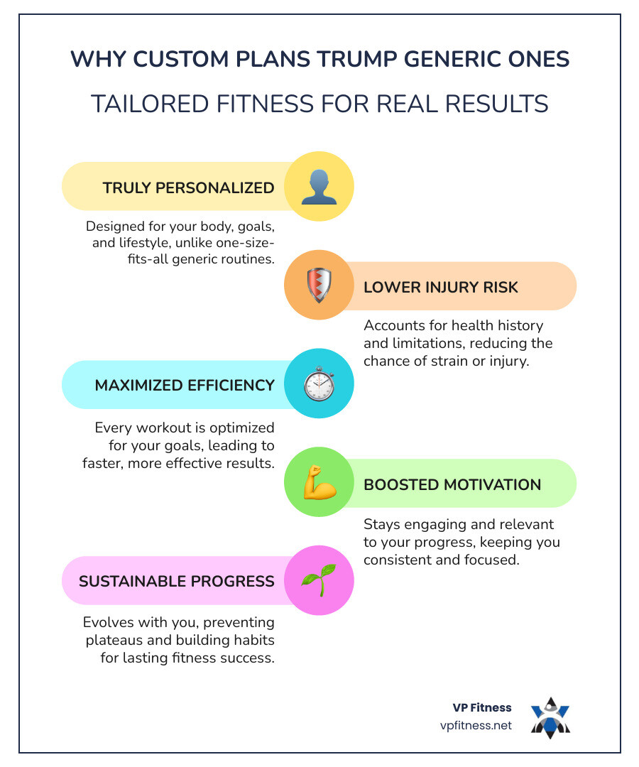 Infographic comparing generic workout plans versus custom workout plans, showing differences in personalization level, injury risk, time efficiency, goal alignment, motivation factors, and long-term success rates - Custom workout plan infographic infographic-line-5-steps-colors Infographic comparing generic workout plans versus custom workout plans, showing differences in personalization level, injury risk, time efficiency, goal alignment, motivation factors, and long-term success rates - Custom workout plan infographic infographic-line-5-steps-colors