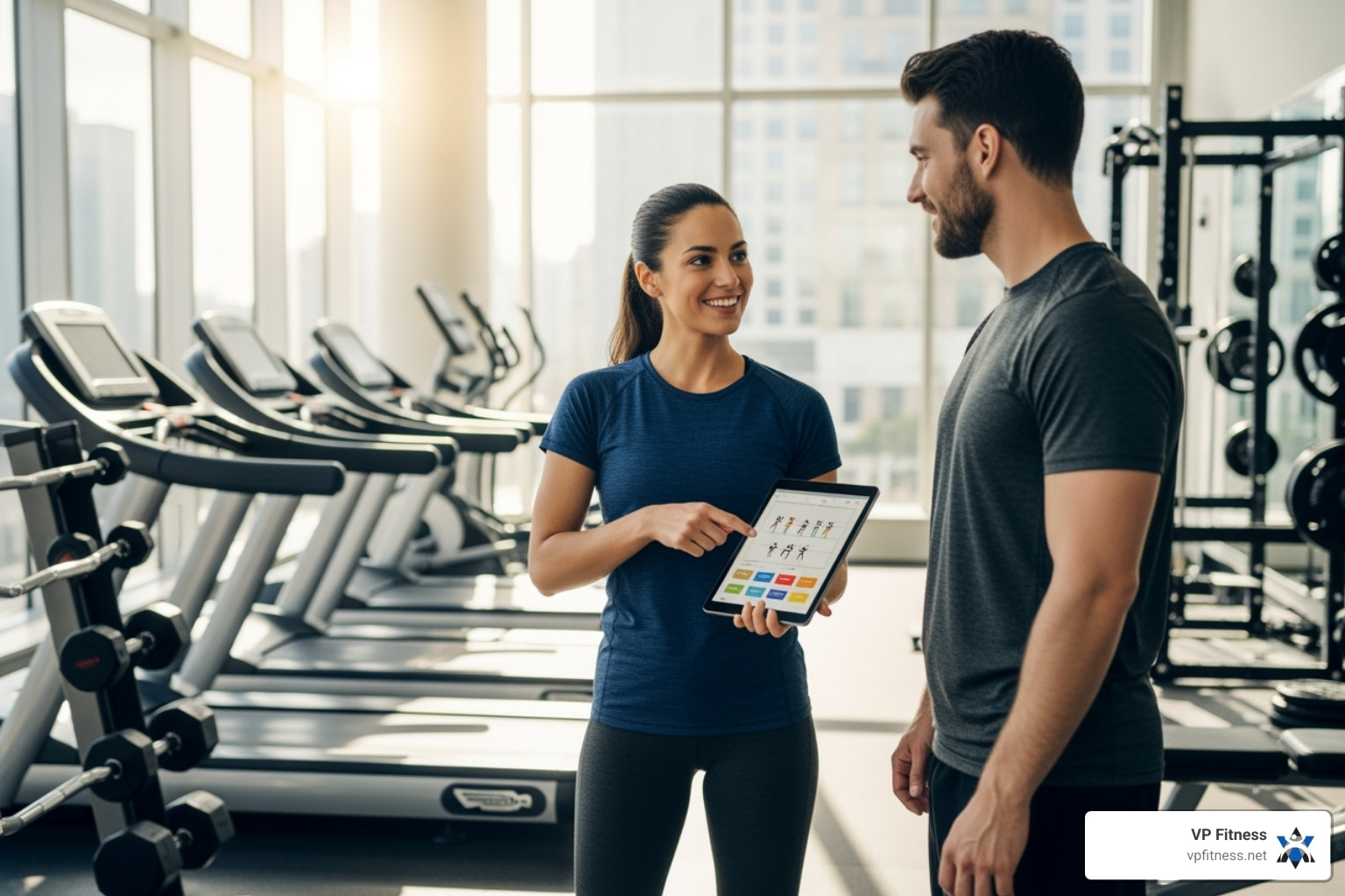friendly personal trainer consulting with a client - Custom workout plan friendly personal trainer consulting with a client - Custom workout plan