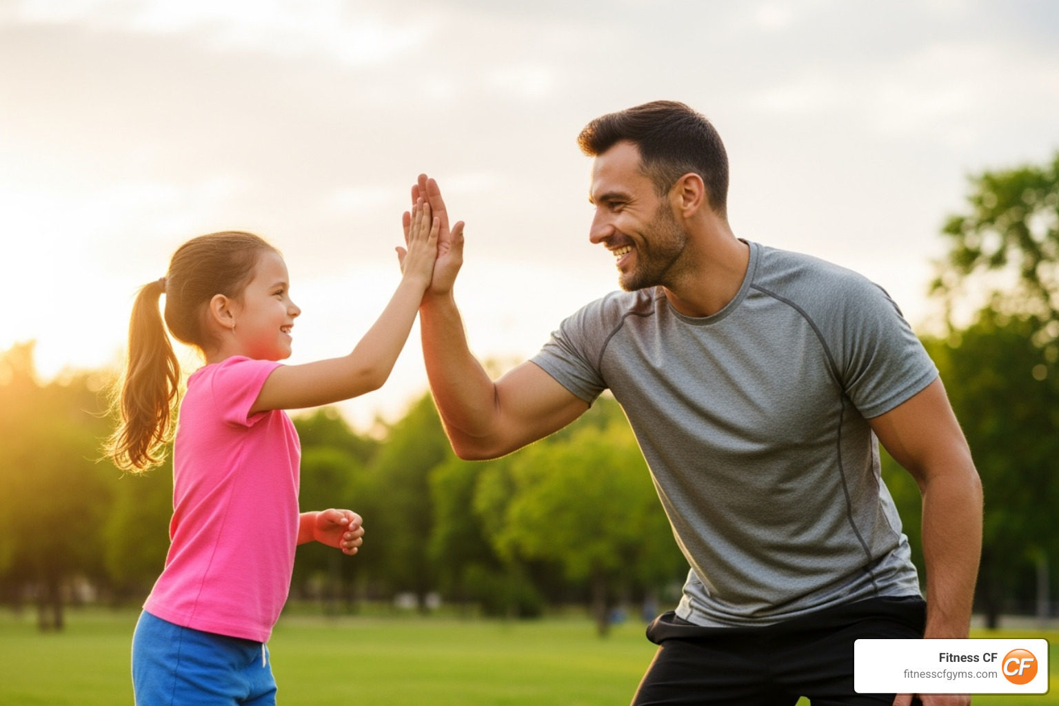 a parent and child doing a high-five during a workout - family exercise classes