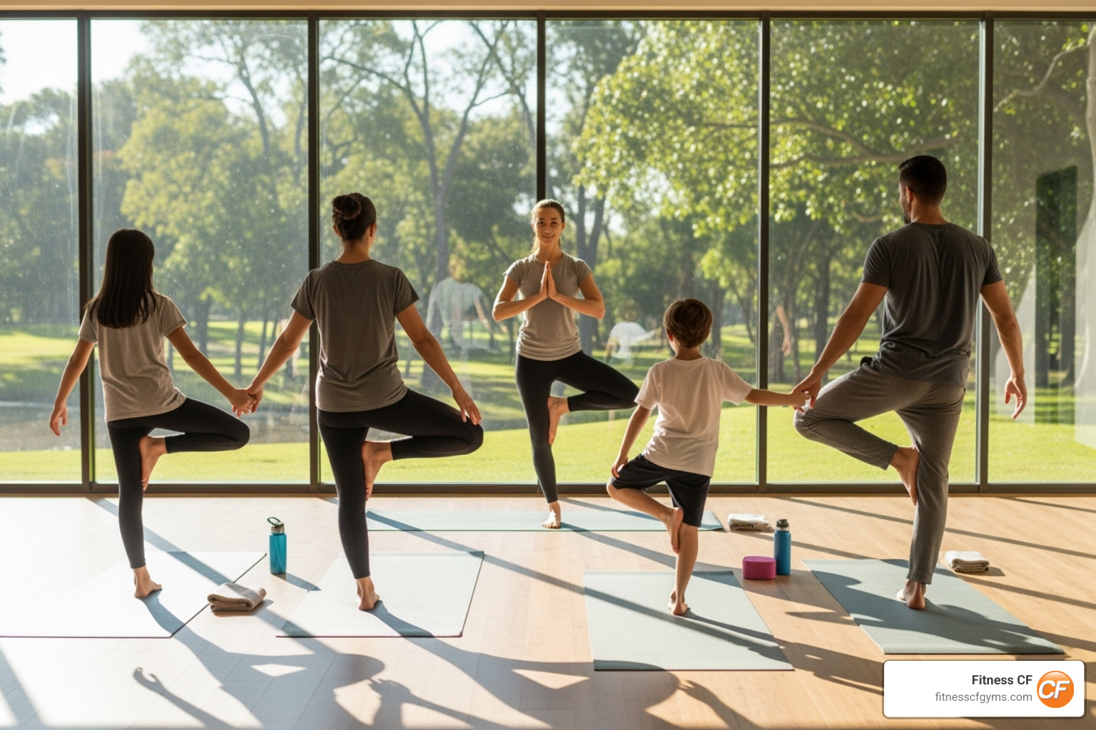 a family participating in a yoga class - family exercise classes