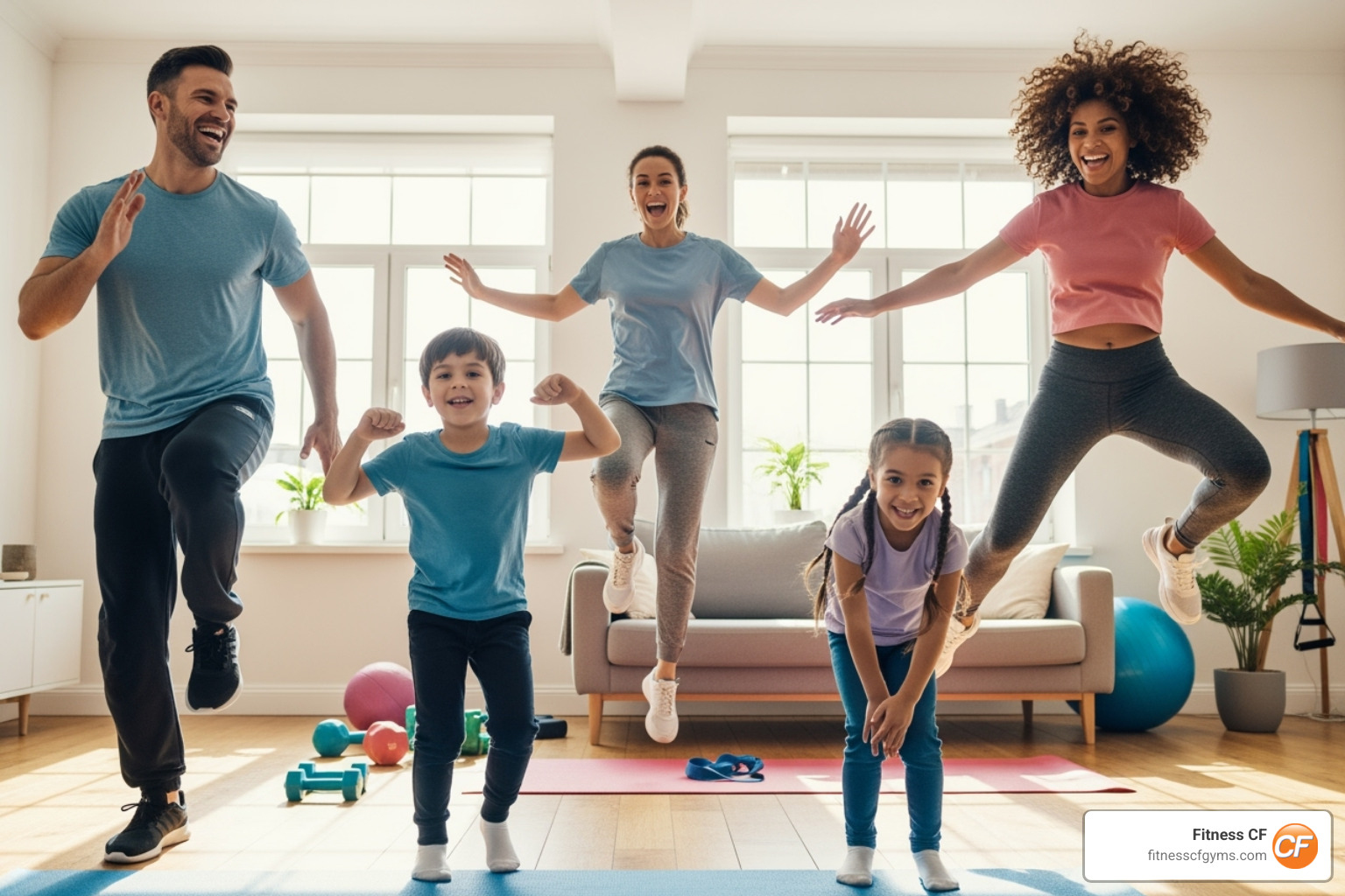 family doing a quick, fun workout together - family exercise classes