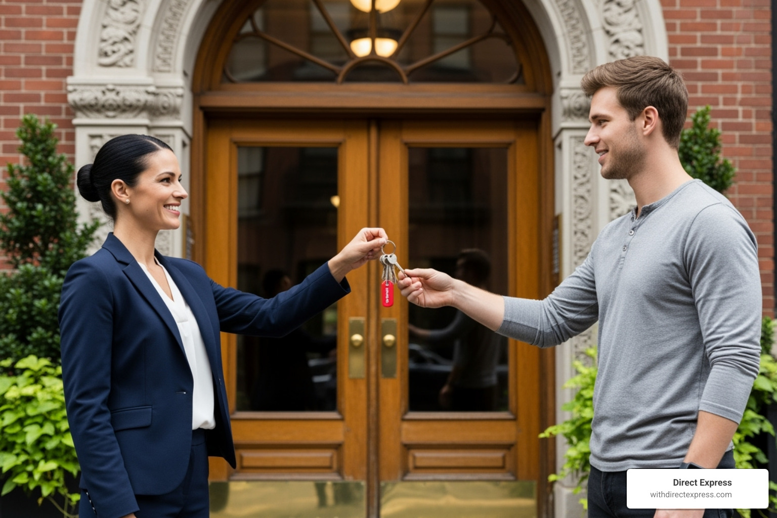 A smiling property manager handing keys to a new tenant - apartments buildings for sale A smiling property manager handing keys to a new tenant - apartments buildings for sale