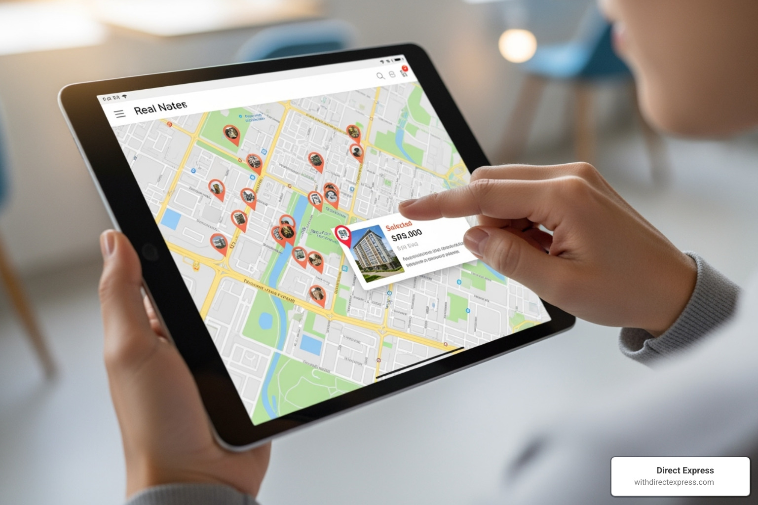 A user browsing apartment building listings on a tablet, showing a map interface with pins indicating properties - apartments buildings for sale A user browsing apartment building listings on a tablet, showing a map interface with pins indicating properties - apartments buildings for sale