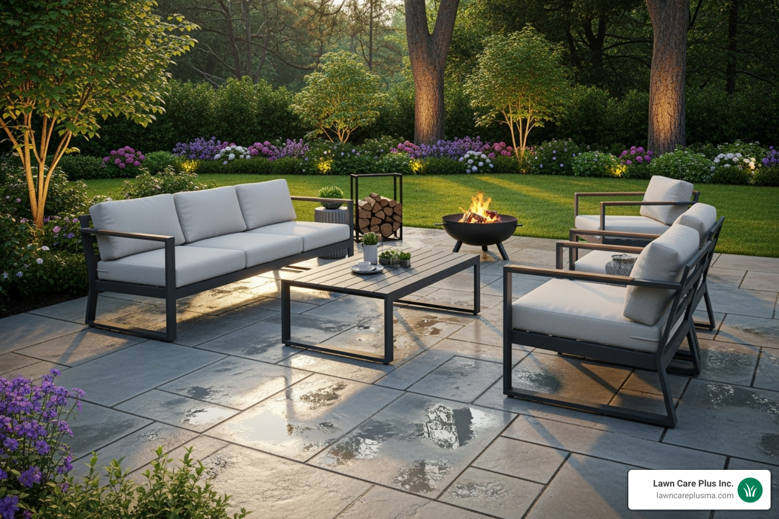 a newly installed stone patio with outdoor furniture - residential landscape services near me