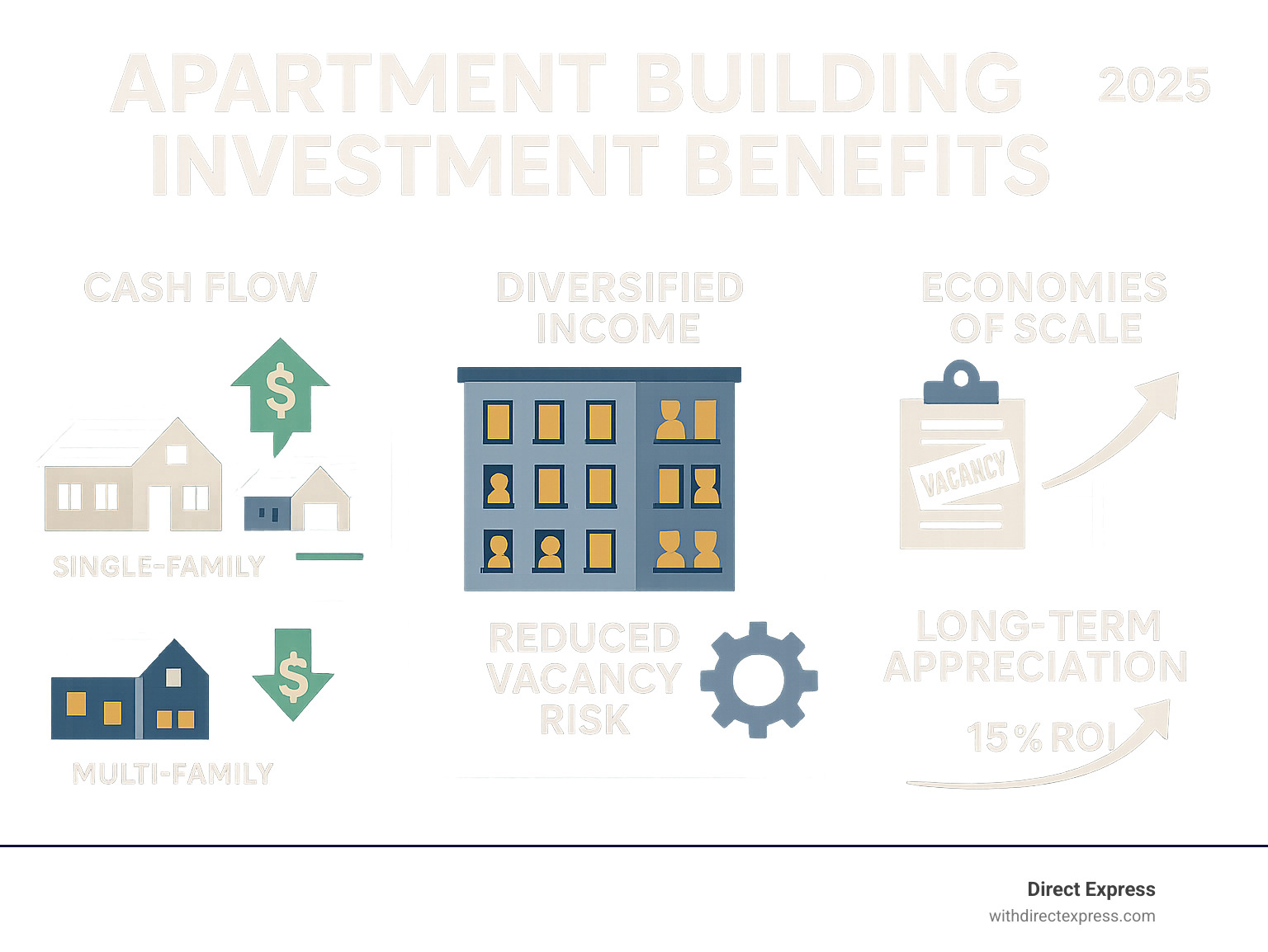Infographic showing apartment building investment benefits including cash flow comparison between single-family homes versus multi-family properties, showing rental income diversification, vacancy risk reduction, economies of scale in maintenance costs, and long-term appreciation potential with specific ROI percentages - apartments buildings for sale infographic Infographic showing apartment building investment benefits including cash flow comparison between single-family homes versus multi-family properties, showing rental income diversification, vacancy risk reduction, economies of scale in maintenance costs, and long-term appreciation potential with specific ROI percentages - apartments buildings for sale infographic