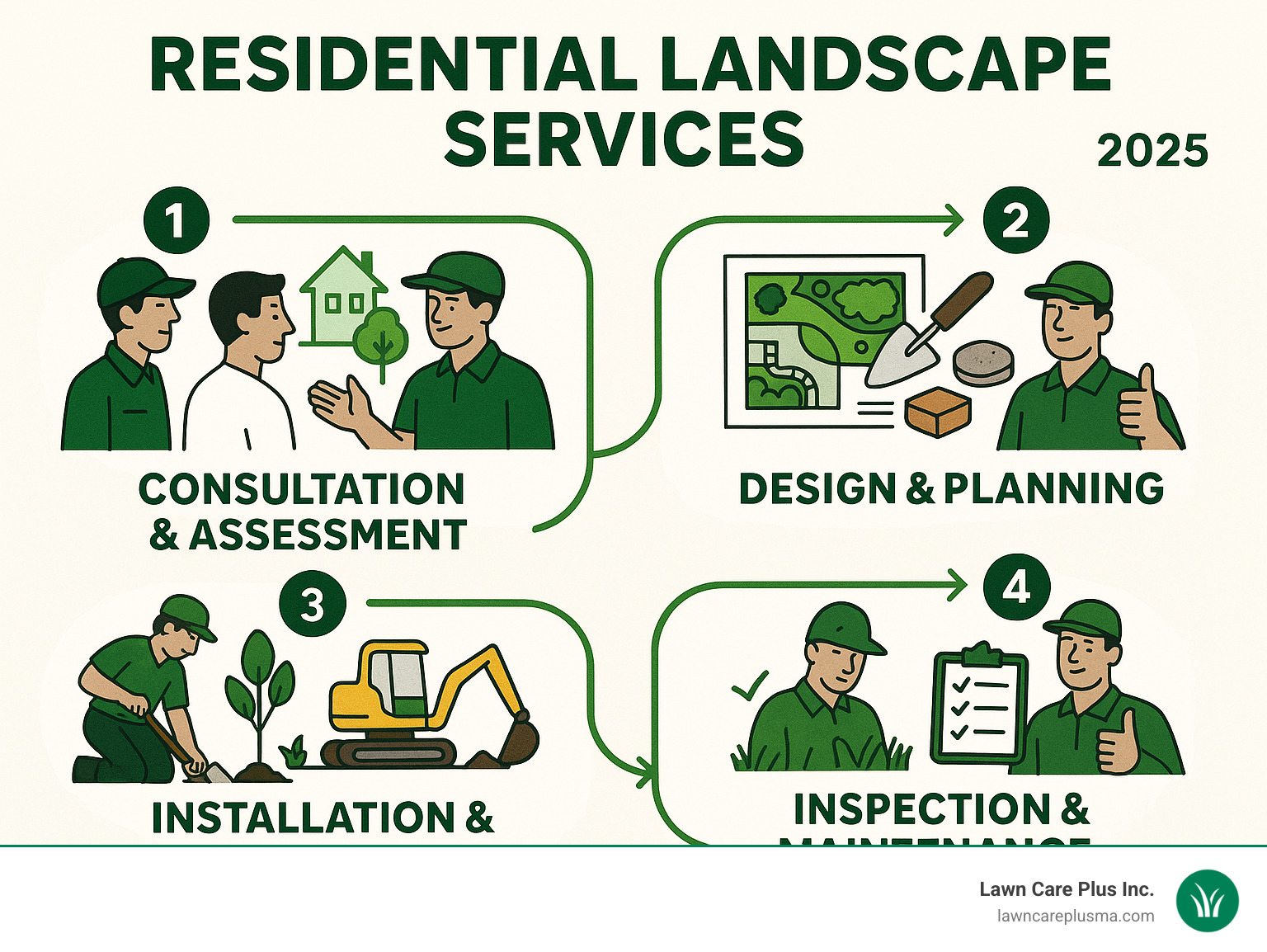 Infographic showing the complete landscaping service process from initial consultation and site assessment, through design planning and material selection, to installation and construction, followed by final inspection and ongoing maintenance programs - residential landscape services near me infographic 