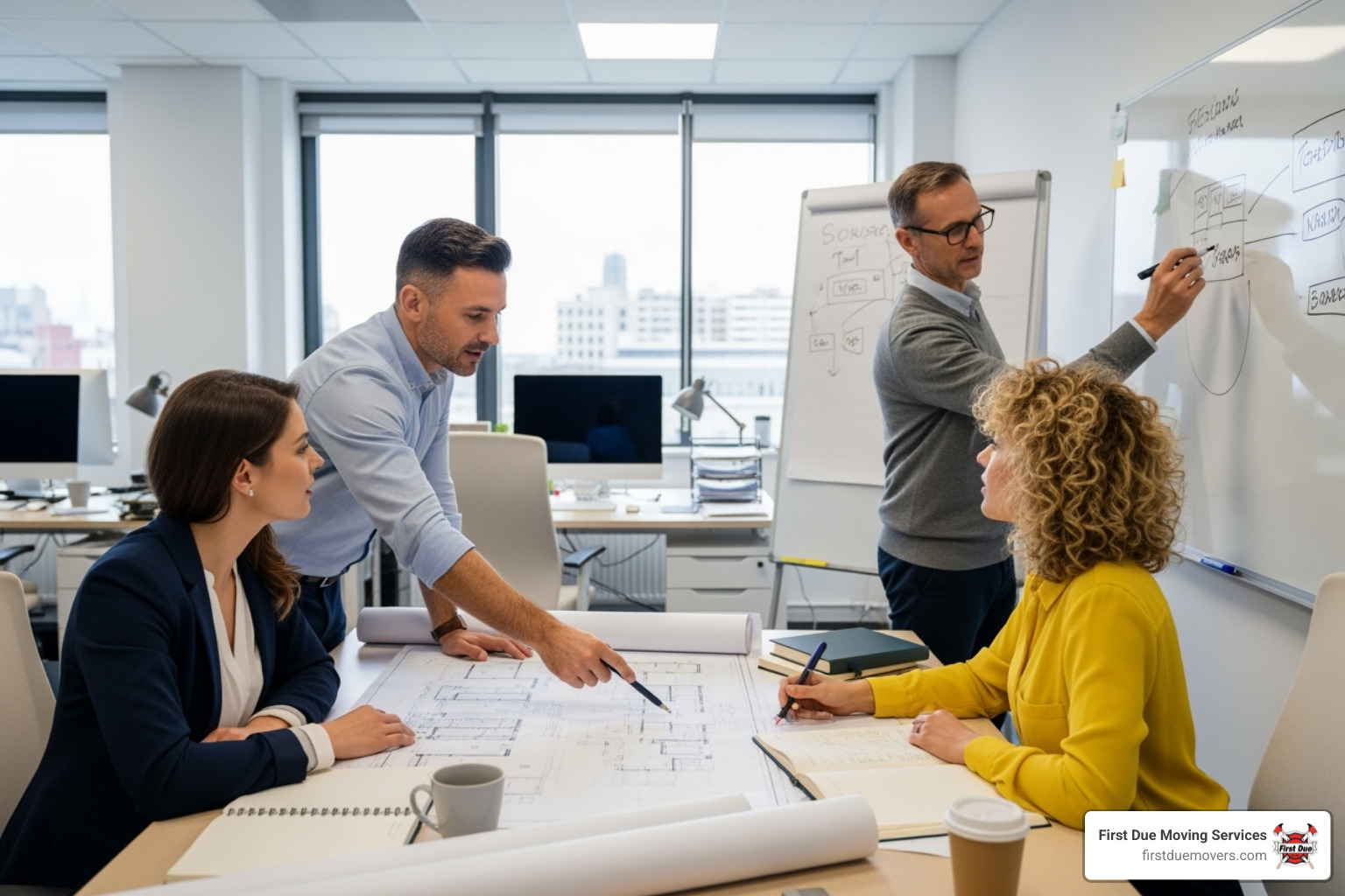 A team collaborating over blueprints and a whiteboard in an office - Business moving tips