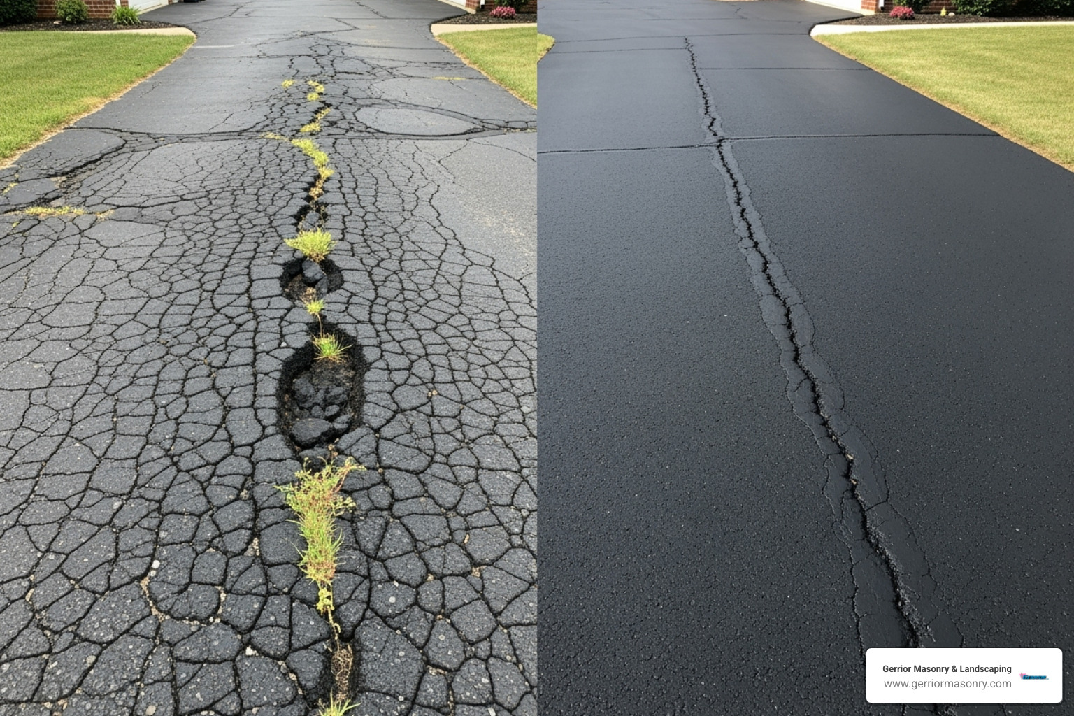 cracked driveway before and after repair - driveway curb appeal