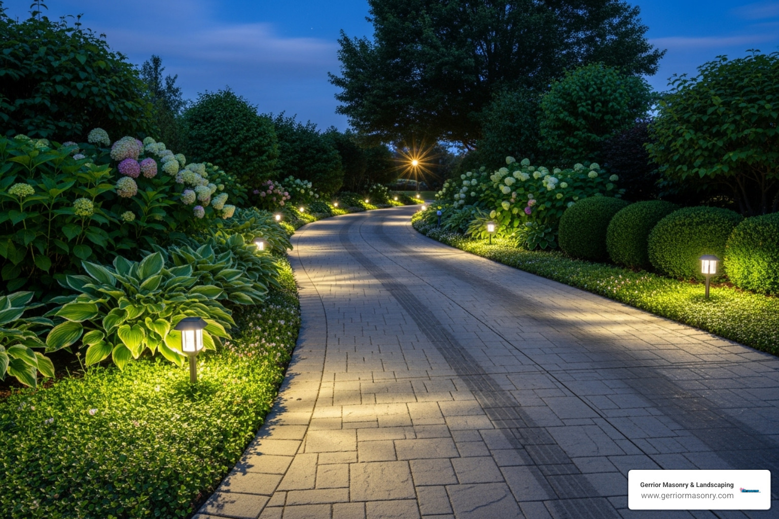 driveway lined with lush plants and solar lights - driveway curb appeal