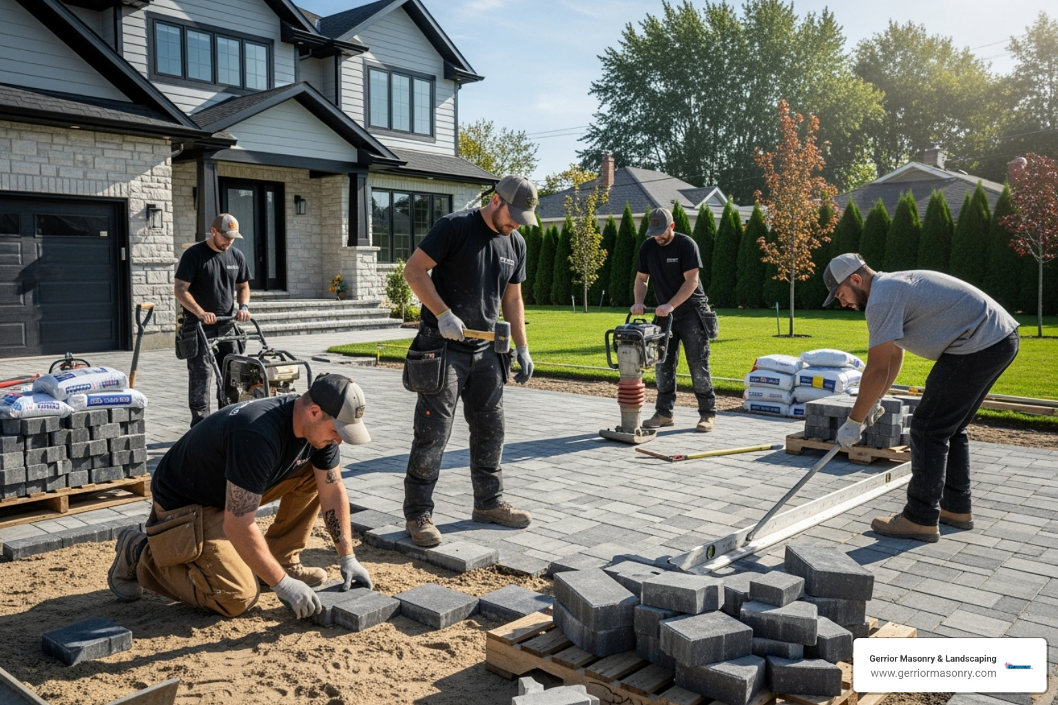 professional masonry team installing a paver driveway - driveway curb appeal