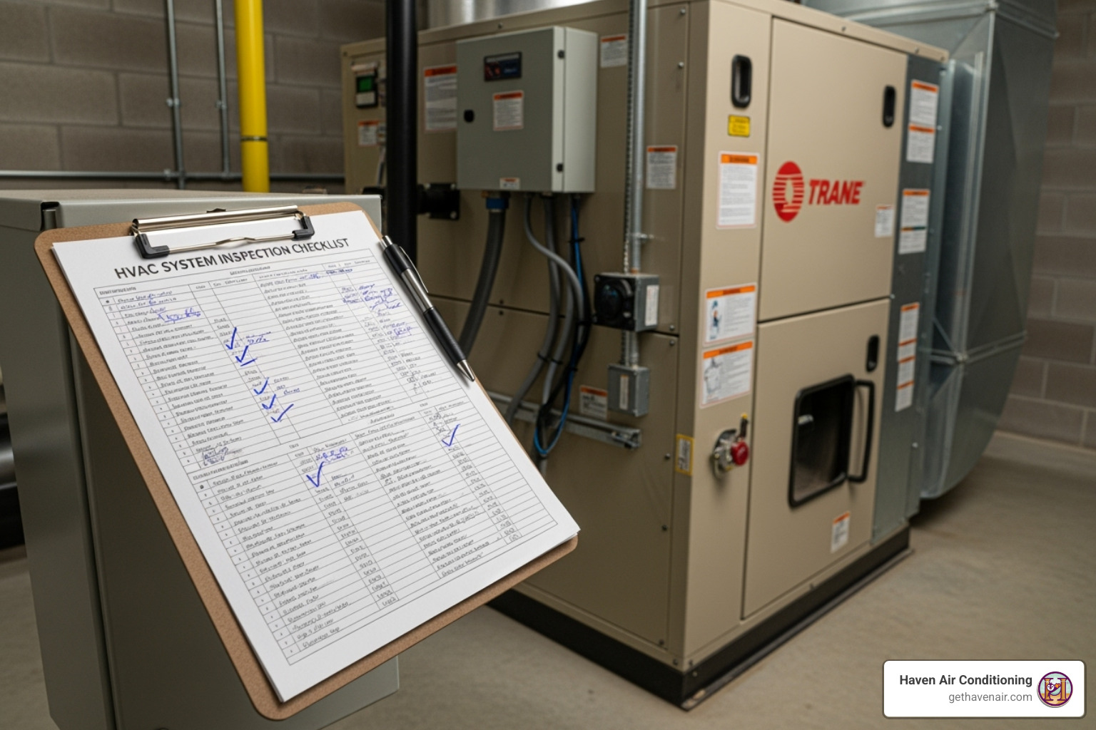 Image of a technician's checklist on a clipboard next to an indoor air handler - Air conditioner maintenance plan