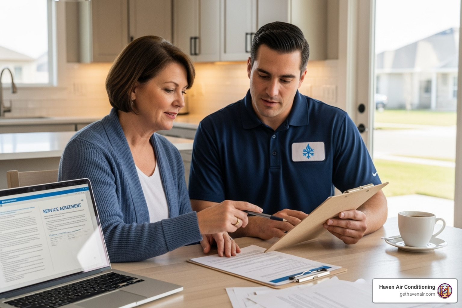 Image of a homeowner reviewing a service agreement with a technician - Air conditioner maintenance plan