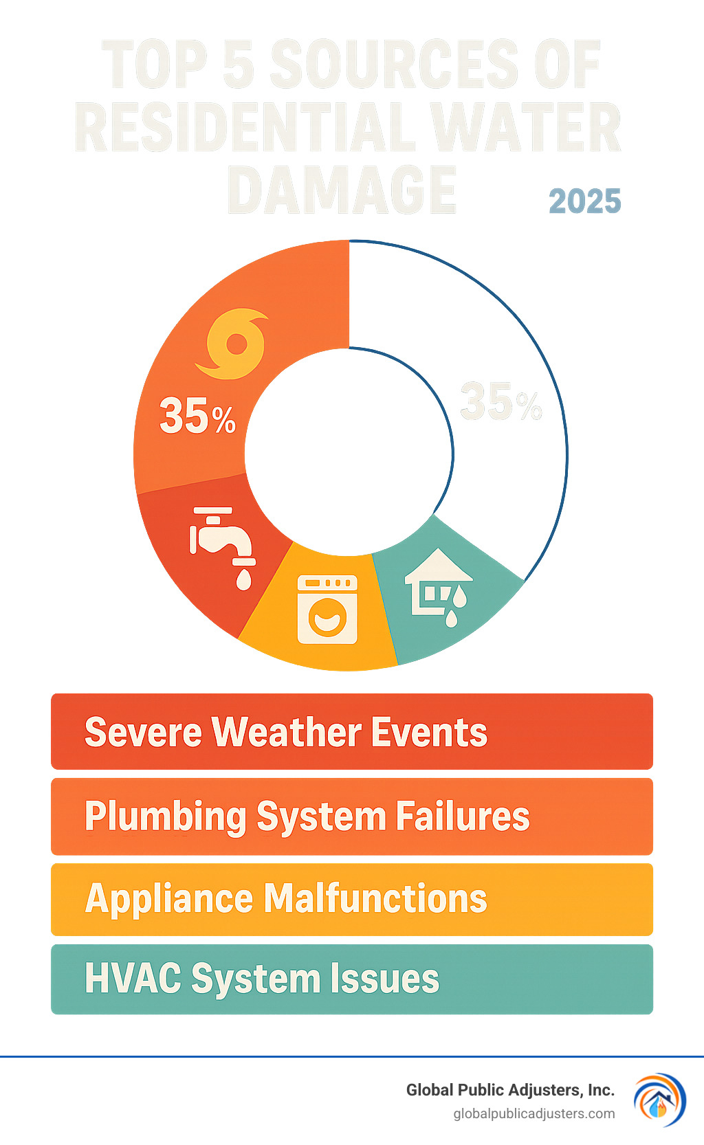 Infographic showing the top 5 sources of residential water damage: severe weather events like hurricanes and flooding at 35%, plumbing system failures including burst pipes and leaks at 25%, appliance malfunctions such as water heaters and washing machines at 20%, HVAC system issues including condensation and duct leaks at 12%, and roof damage from storms or wear leading to leaks at 8% - Orlando water damage infographic 