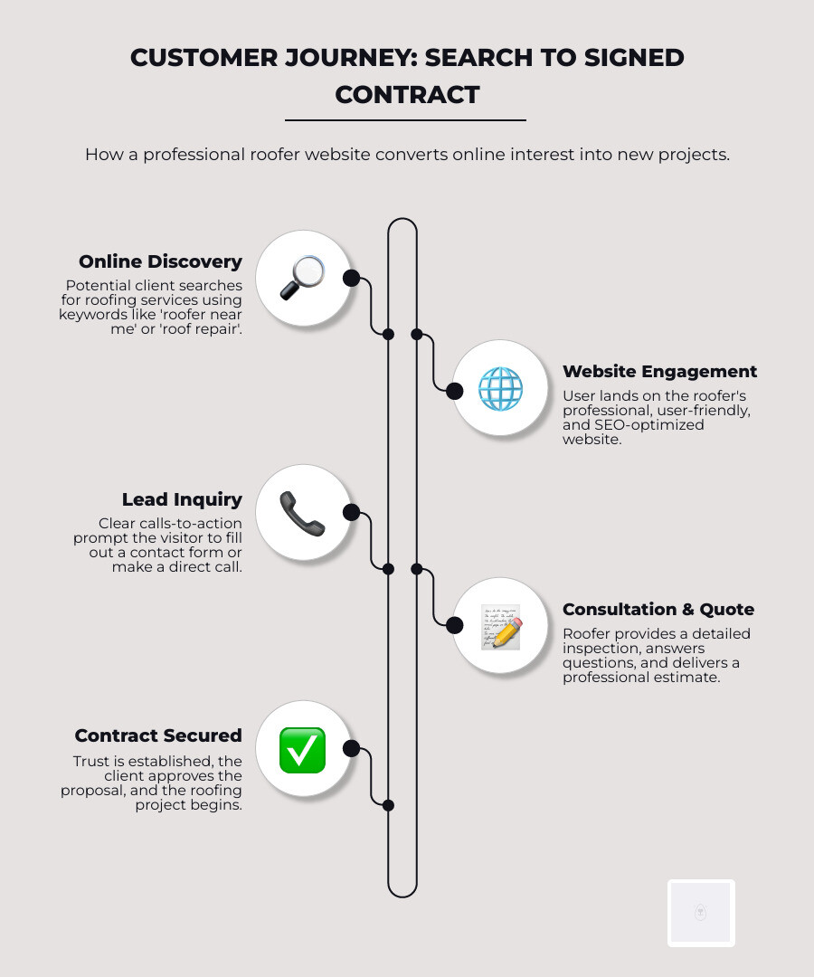 explaining the customer journey from a Google search to a signed roofing contract - roofer website development infographic infographic-line-5-steps-neat_beige