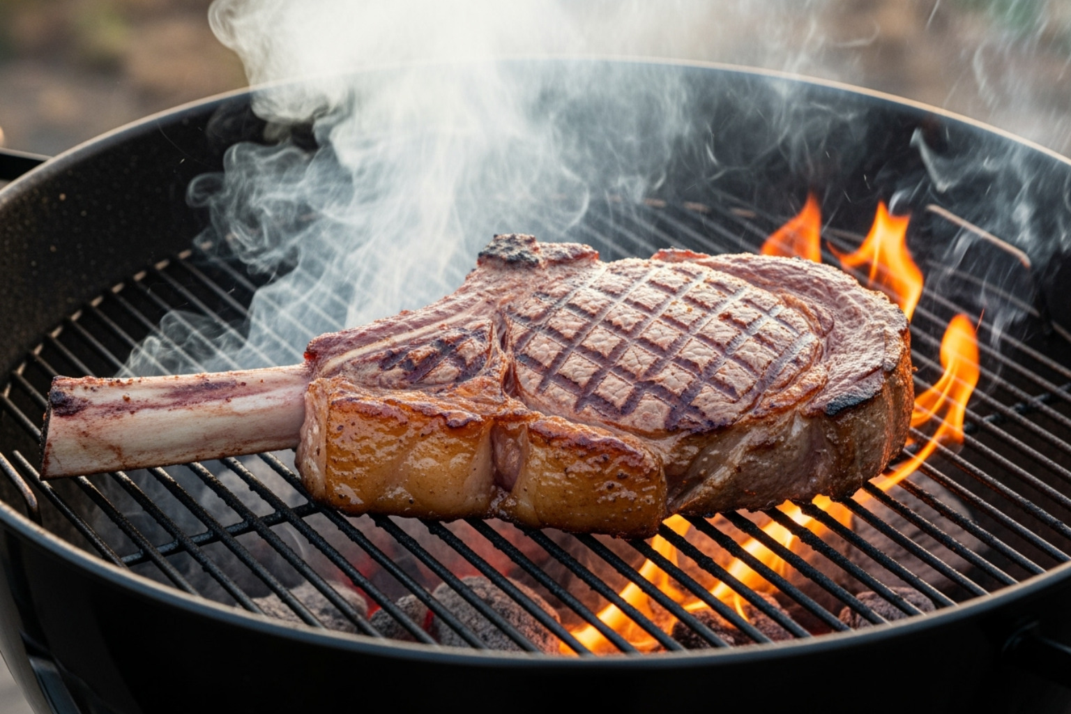 A tomahawk steak being reverse-seared on a grill with smoke rising - 2 lb tomahawk steak