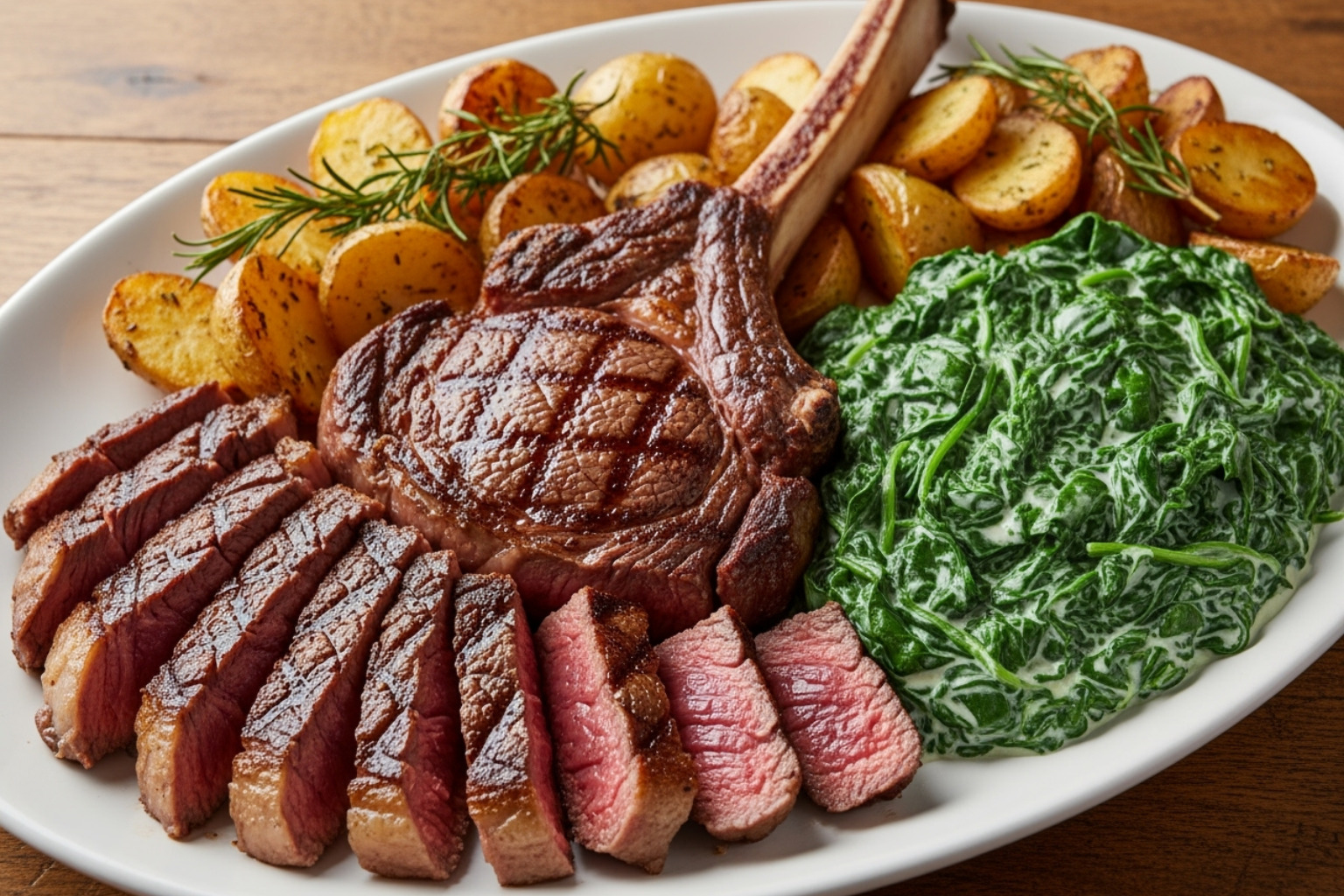 A carved tomahawk steak fanned out on a platter with roasted potatoes and creamed spinach - 2 lb tomahawk steak