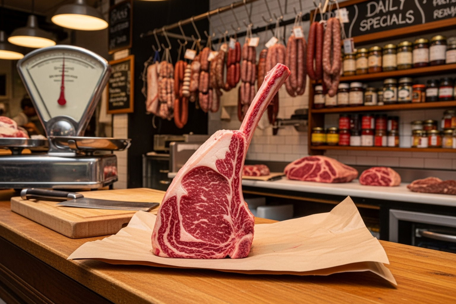 A raw, well-marbled tomahawk steak at a local butcher shop in New York City - 2 lb tomahawk steak
