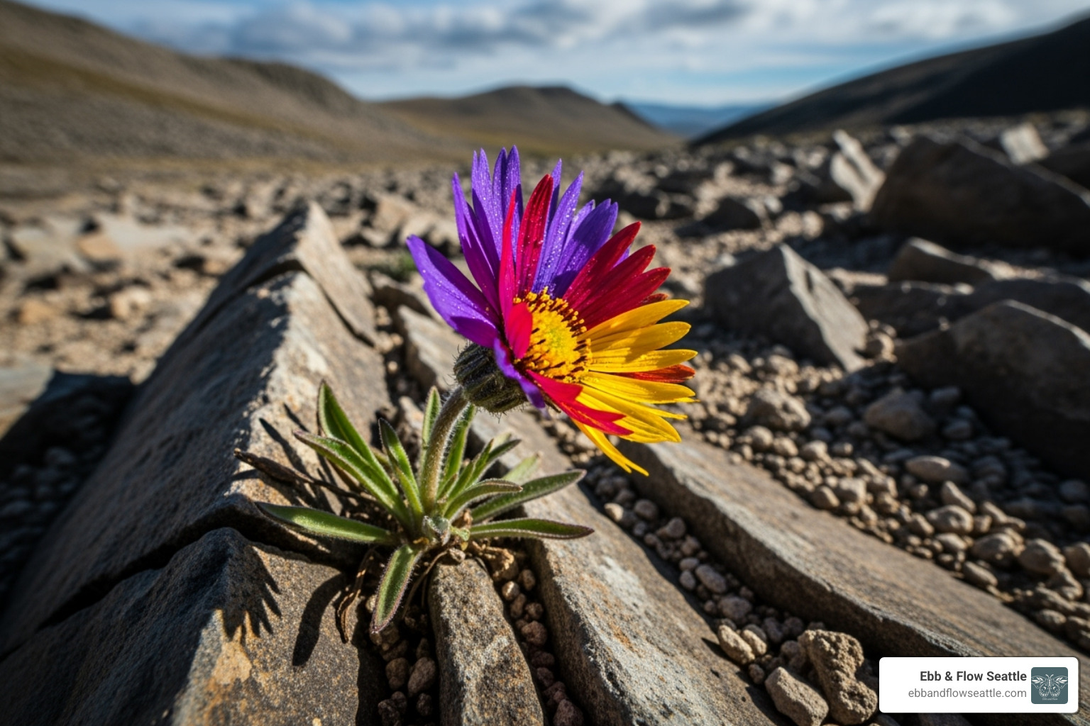 single, vibrant wildflower growing in a rocky landscape - eating disorder recovery seattle