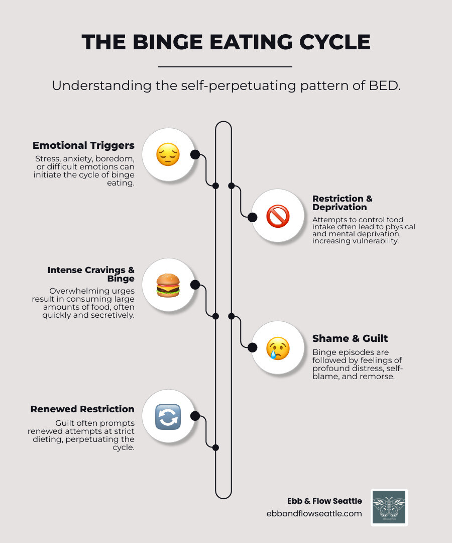Comprehensive infographic showing the binge eating cycle including emotional triggers leading to restriction, then intense cravings, followed by binge episodes, shame and guilt, and back to restriction, with arrows indicating the cyclical nature and potential intervention points for therapy - binge eating therapy washington infographic infographic-line-5-steps-neat_beige