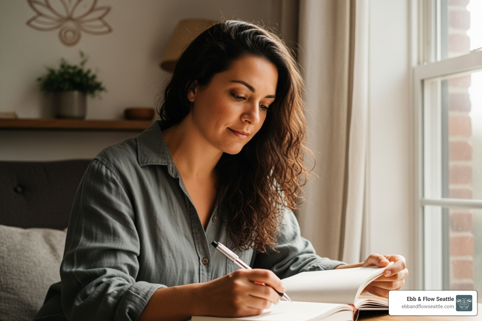 A woman journaling thoughtfully in a comfortable, safe space, with soft, natural light, symbolizing introspection and healing. - binge eating therapy washington