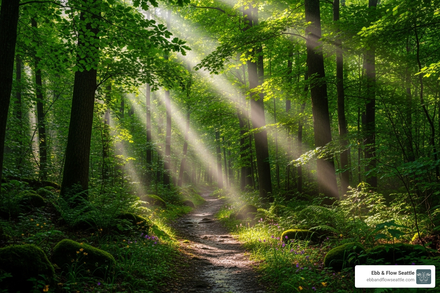 A winding path through a lush Washington forest, with rays of sunlight filtering through the trees, symbolizing the healing journey and the light found along the way. - binge eating therapy washington