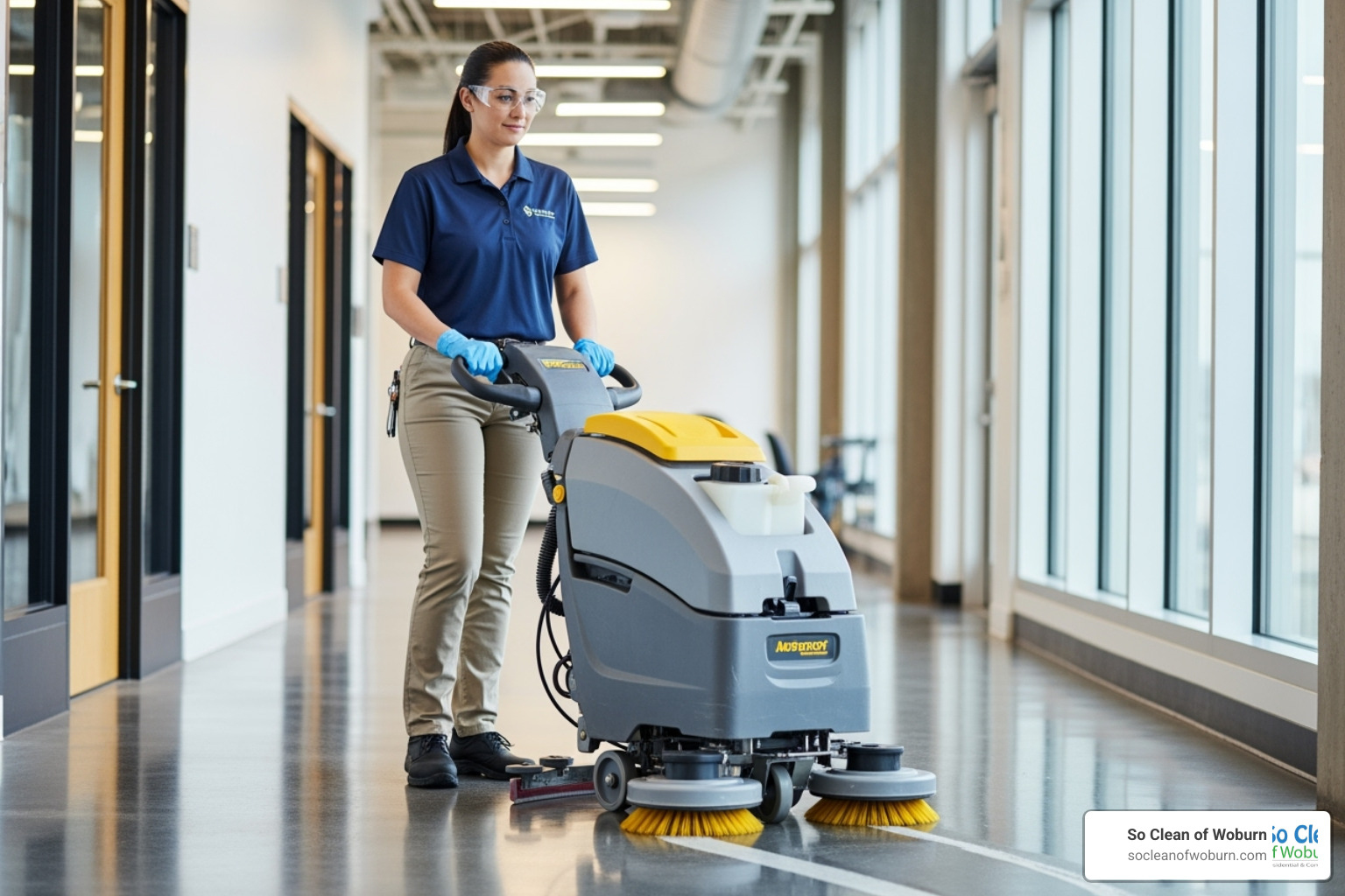 professional cleaner in uniform with modern equipment - cleaning and janitorial