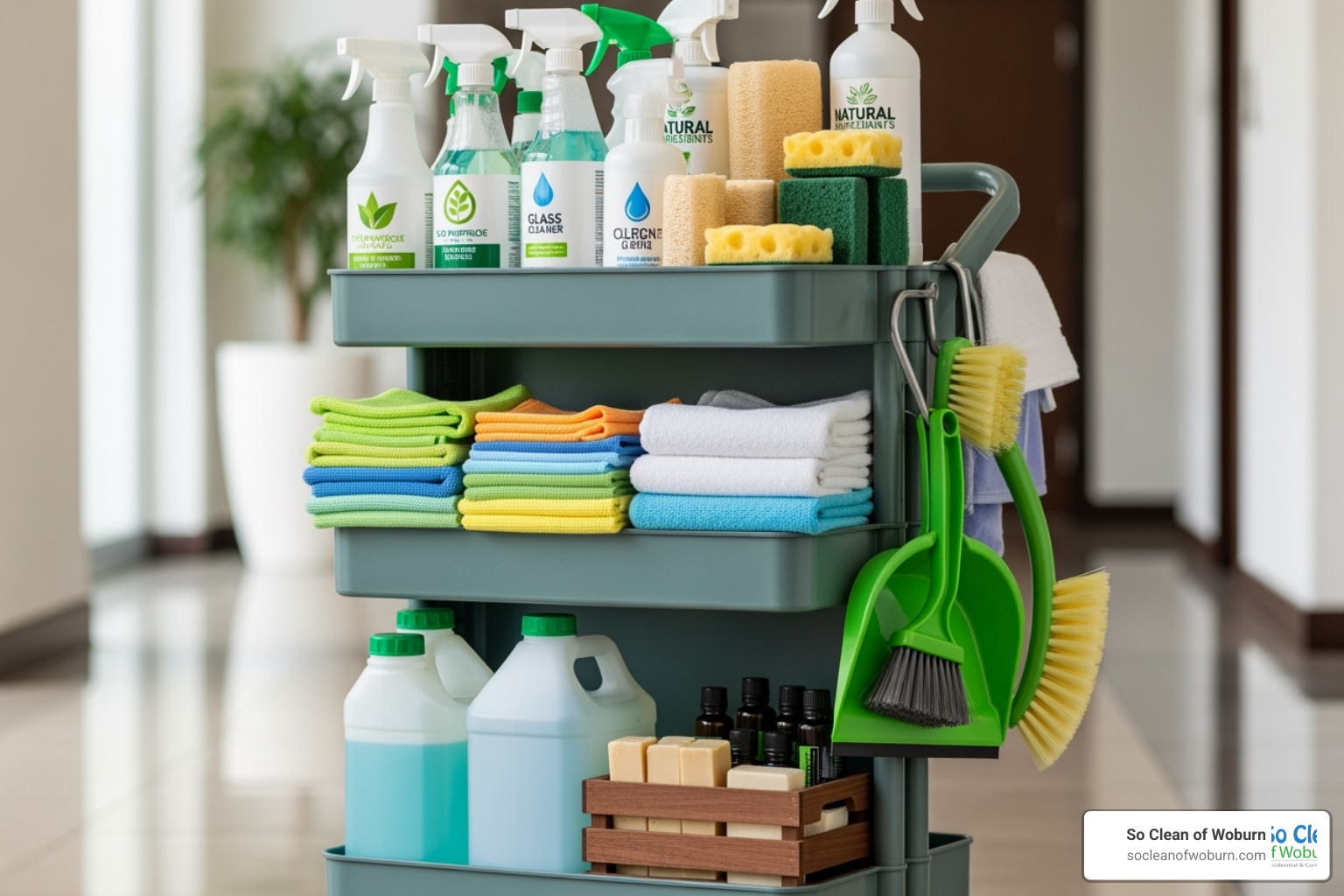 eco-friendly cleaning products on a cart - cleaning and janitorial