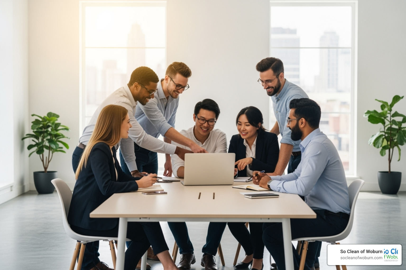 happy employees collaborating in a pristine office setting - cleaning and janitorial
