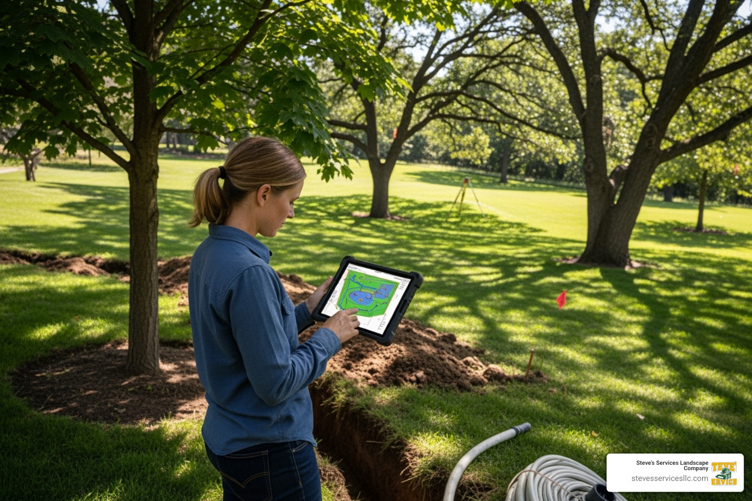irrigation specialist planning a system on a property with slopes and trees - how much does an underground sprinkler system cost