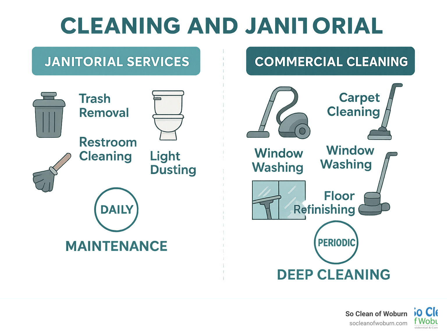 Infographic showing janitorial services on the left (daily tasks like trash removal, restroom cleaning, light dusting) versus commercial cleaning services on the right (periodic tasks like carpet cleaning, window washing, floor refinishing), with frequency indicators and scope differences clearly illustrated - cleaning and janitorial infographic 