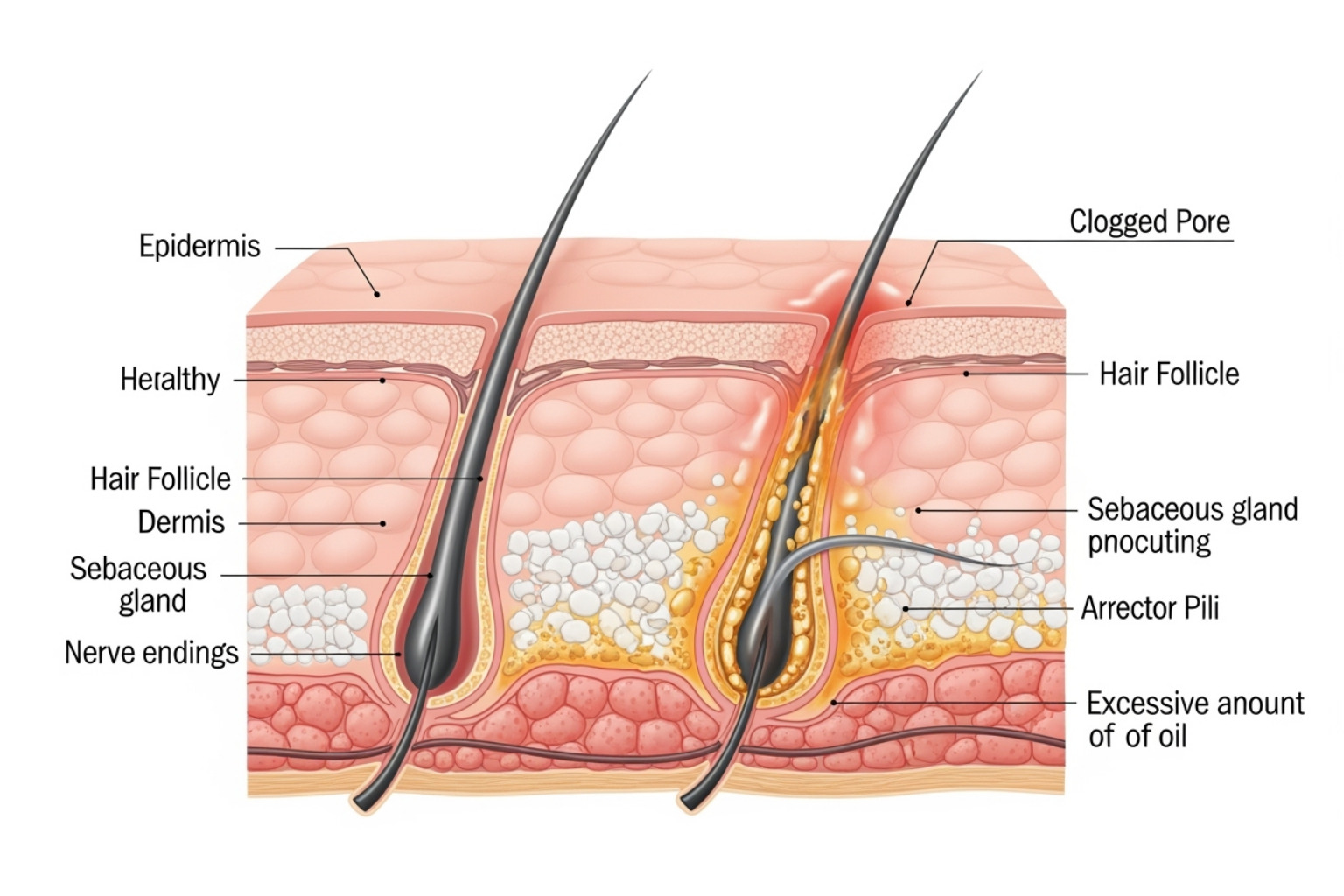 Diagram showing a clogged pore versus a clear pore. - best for minimizing pores