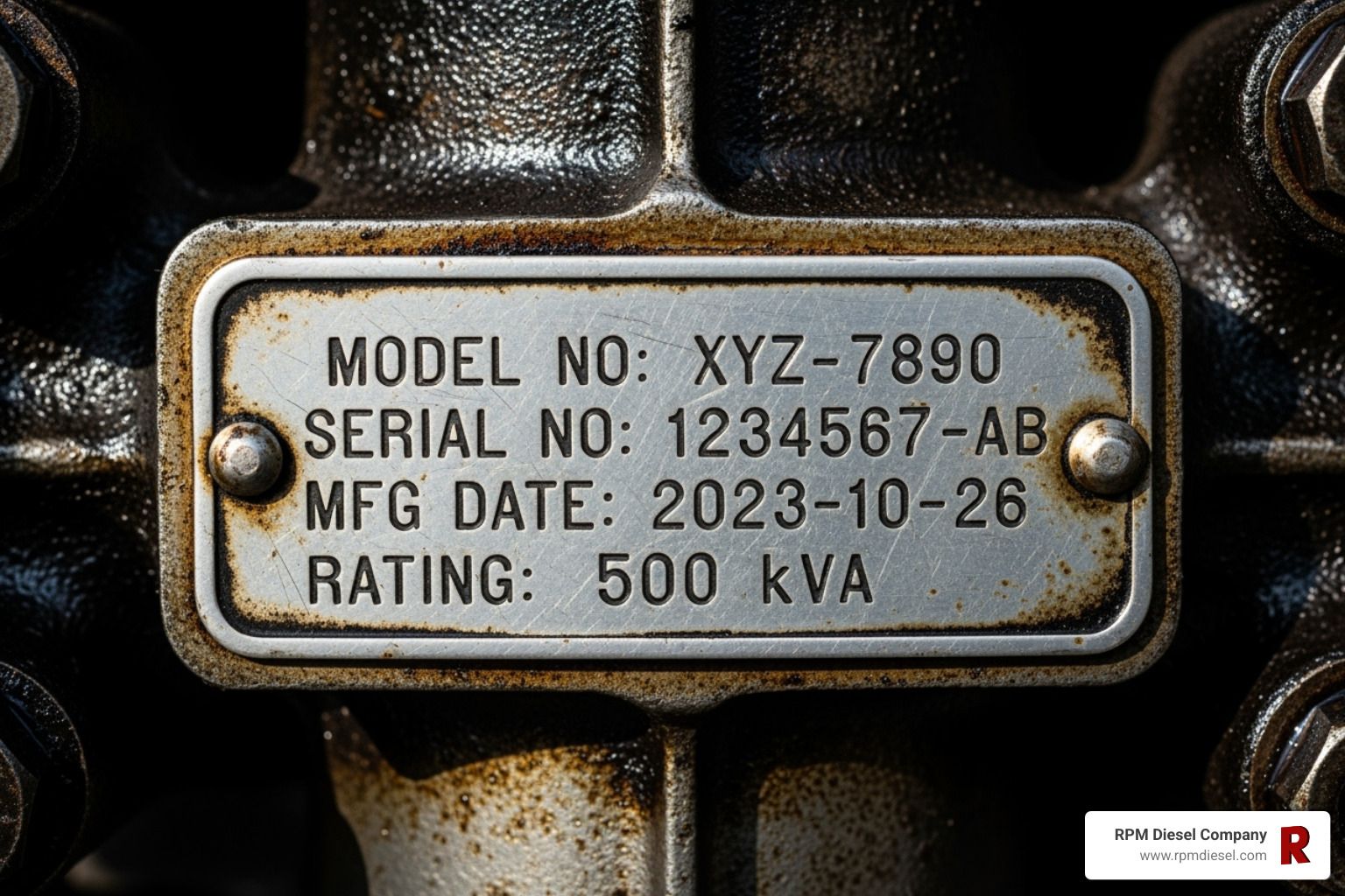 Generator serial number plate showing the model number, serial number, and other identification details - northern lights generator manual