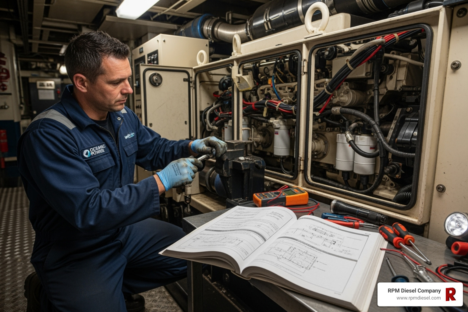 Technician servicing a marine generator with an open manual nearby, highlighting the importance of documentation during maintenance - northern lights generator manual