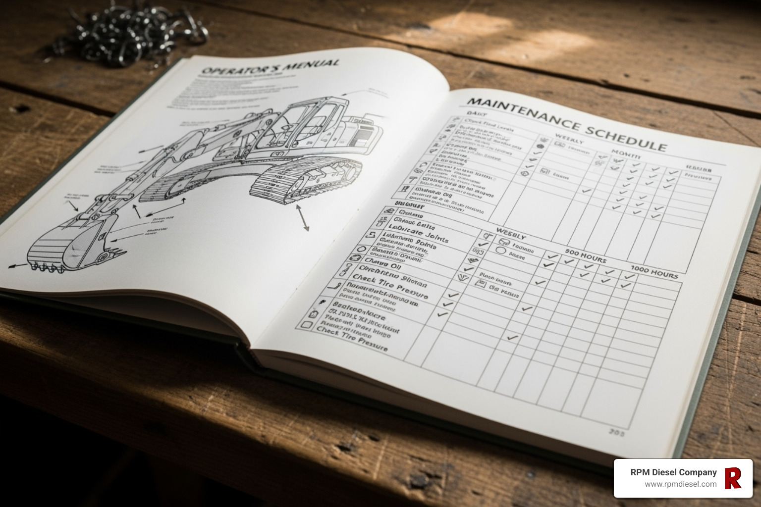 Open operator's manual showing a maintenance schedule chart with various service intervals - northern lights generator manual