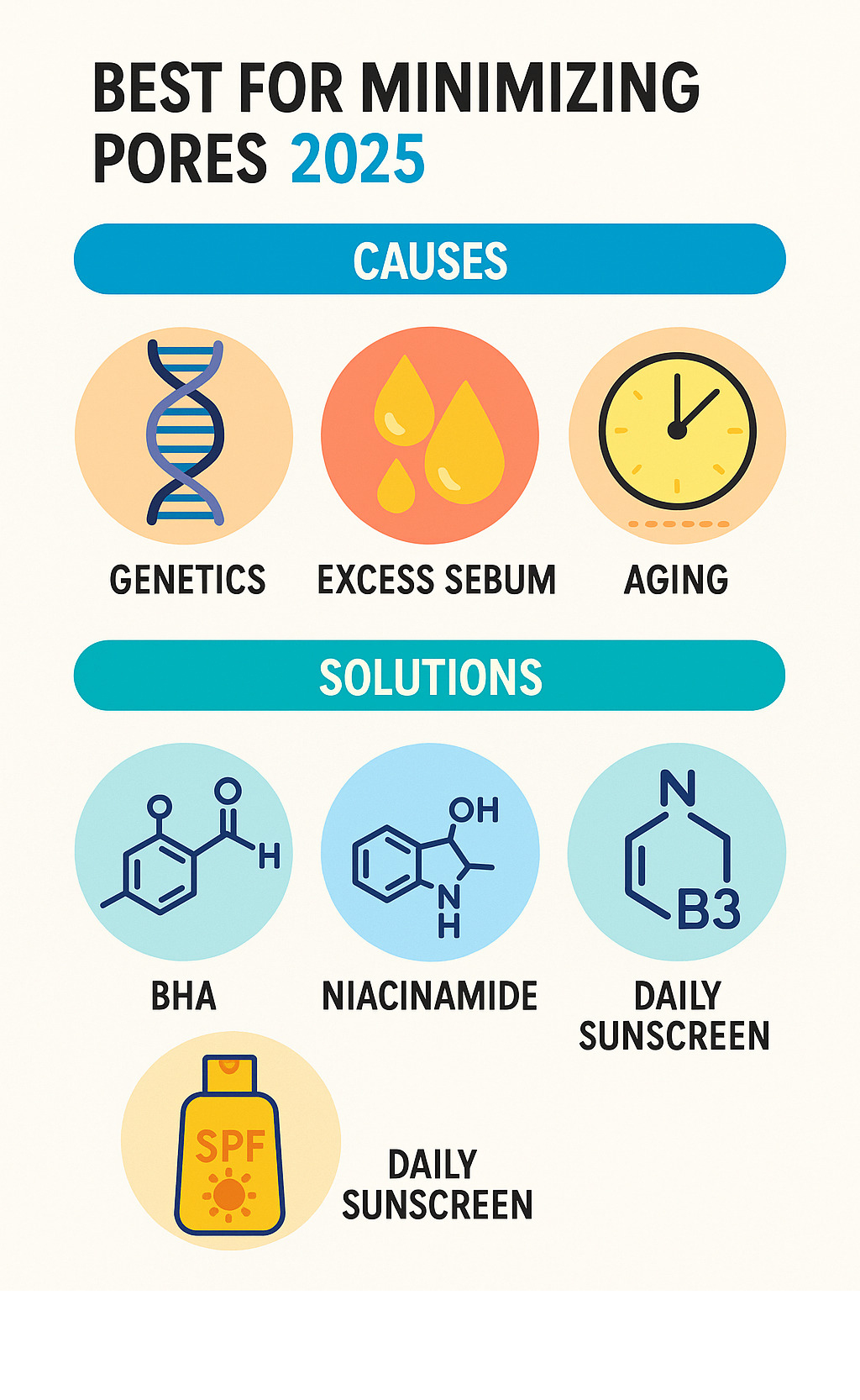 Comprehensive infographic showing the main causes of enlarged pores including genetics DNA helix, excess sebum oil droplets, aging clock with collagen breakdown, and sun damage UV rays, along with effective solutions like BHA salicylic acid molecule, retinoid vitamin A structure, niacinamide B3 formula, and daily sunscreen SPF protection - best for minimizing pores infographic 