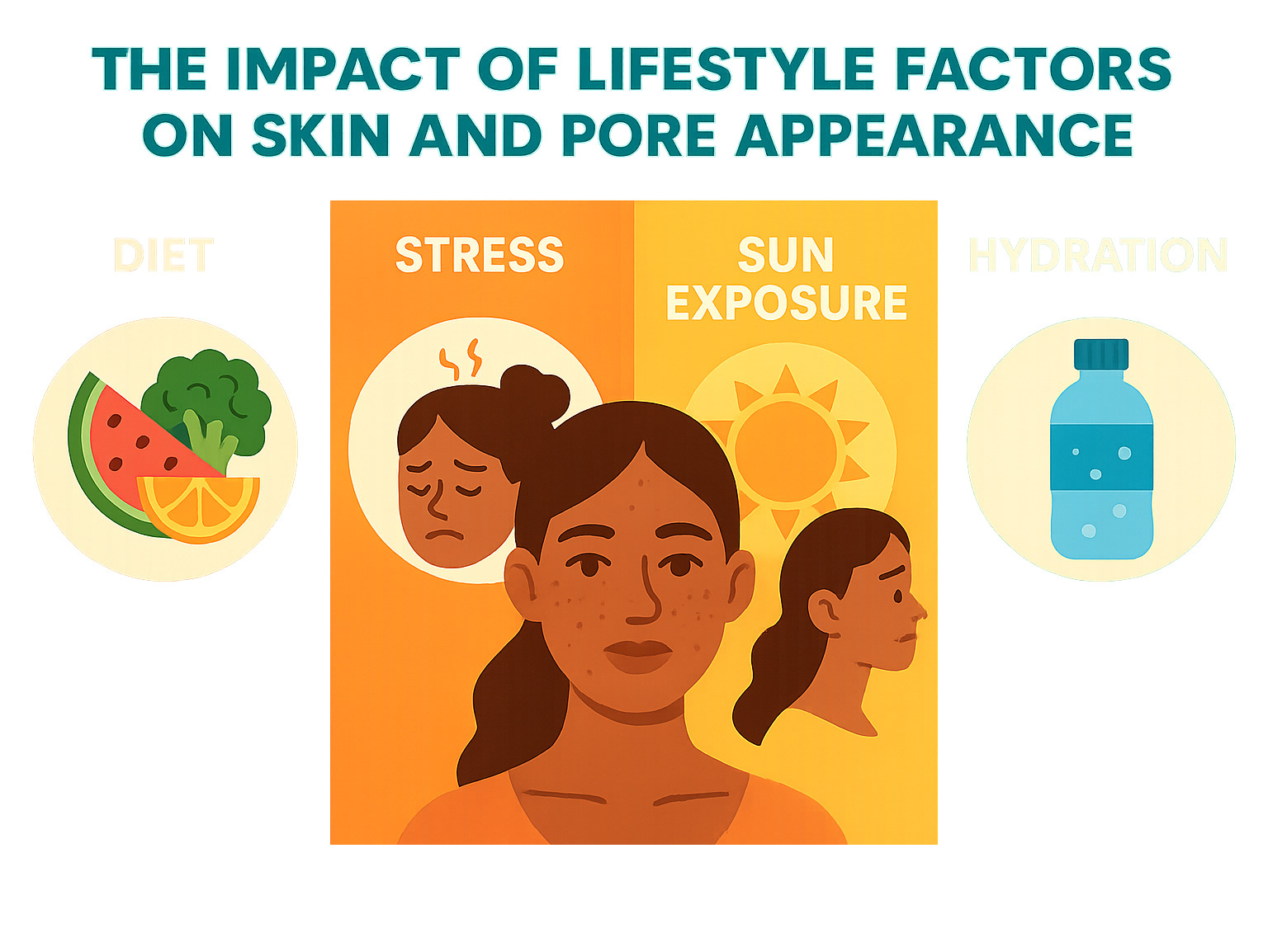Infographic showing the impact of lifestyle factors on skin and pore appearance including diet, stress, sun exposure, and hydration - best for minimizing pores infographic 
