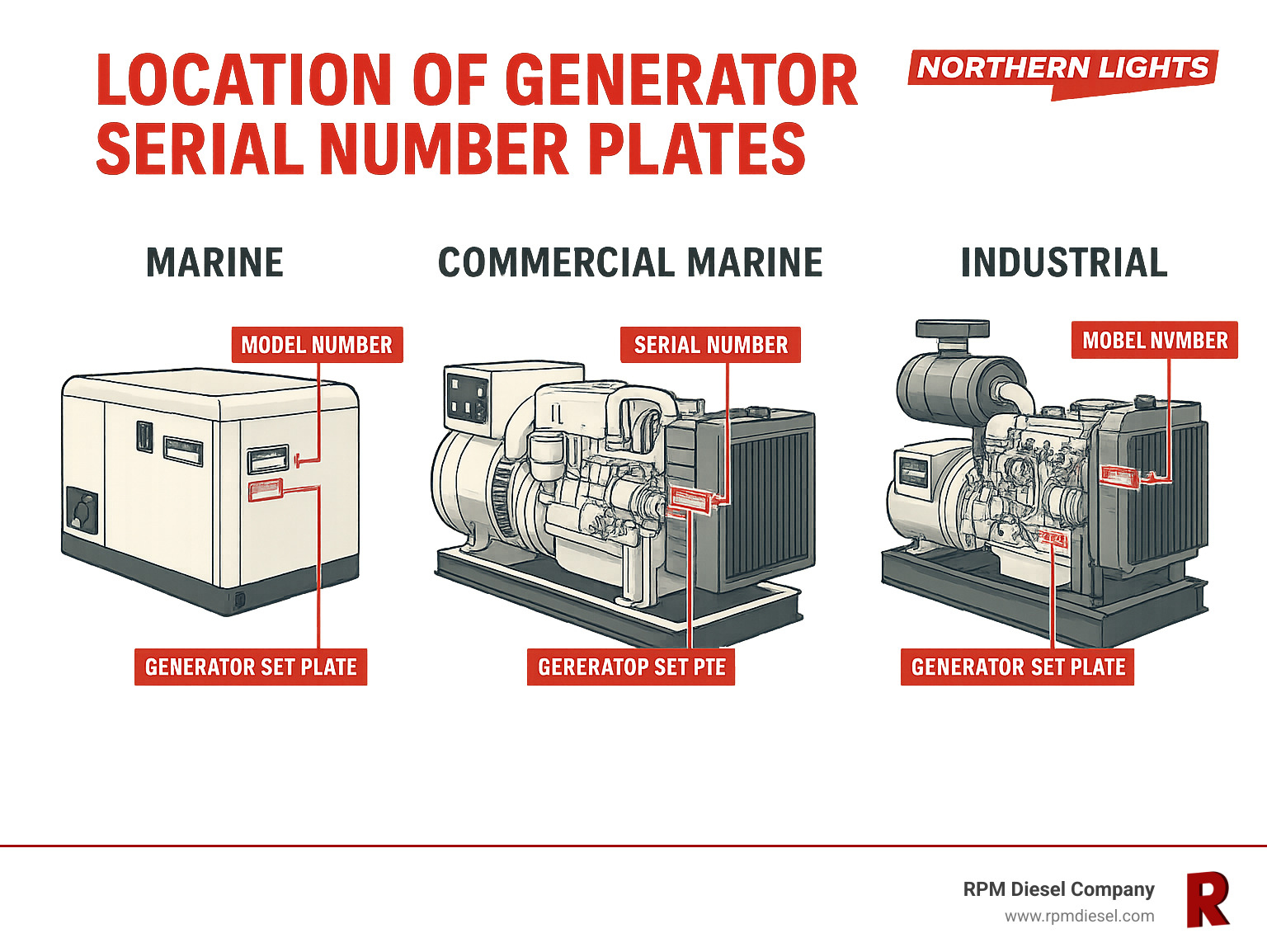 Detailed infographic showing the location of generator serial number plates on different Northern Lights generator models, including Marine, Commercial Marine, and Industrial units, with callouts indicating where to find model numbers, serial numbers, and generator set plates - northern lights generator manual infographic 