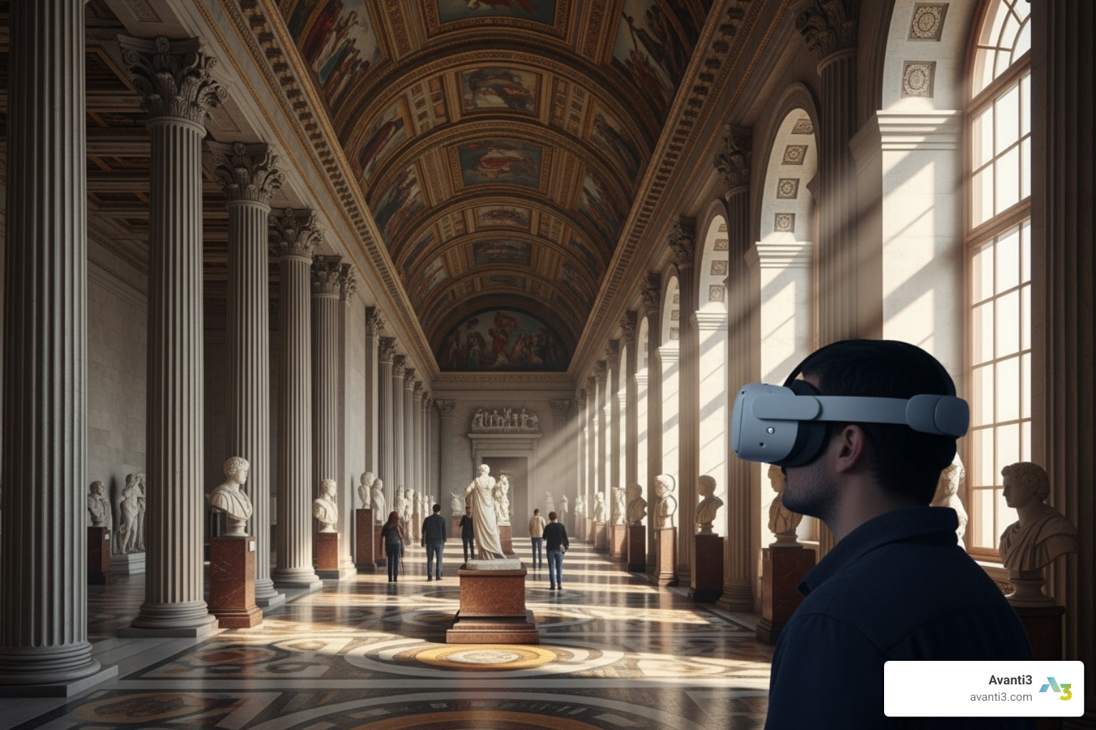 user navigating a grand museum hall in a virtual tour - virtual reality tours of museums