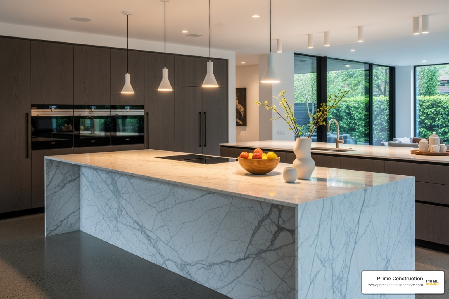 kitchen with a dramatic waterfall countertop island - Custom kitchen countertops Orlando