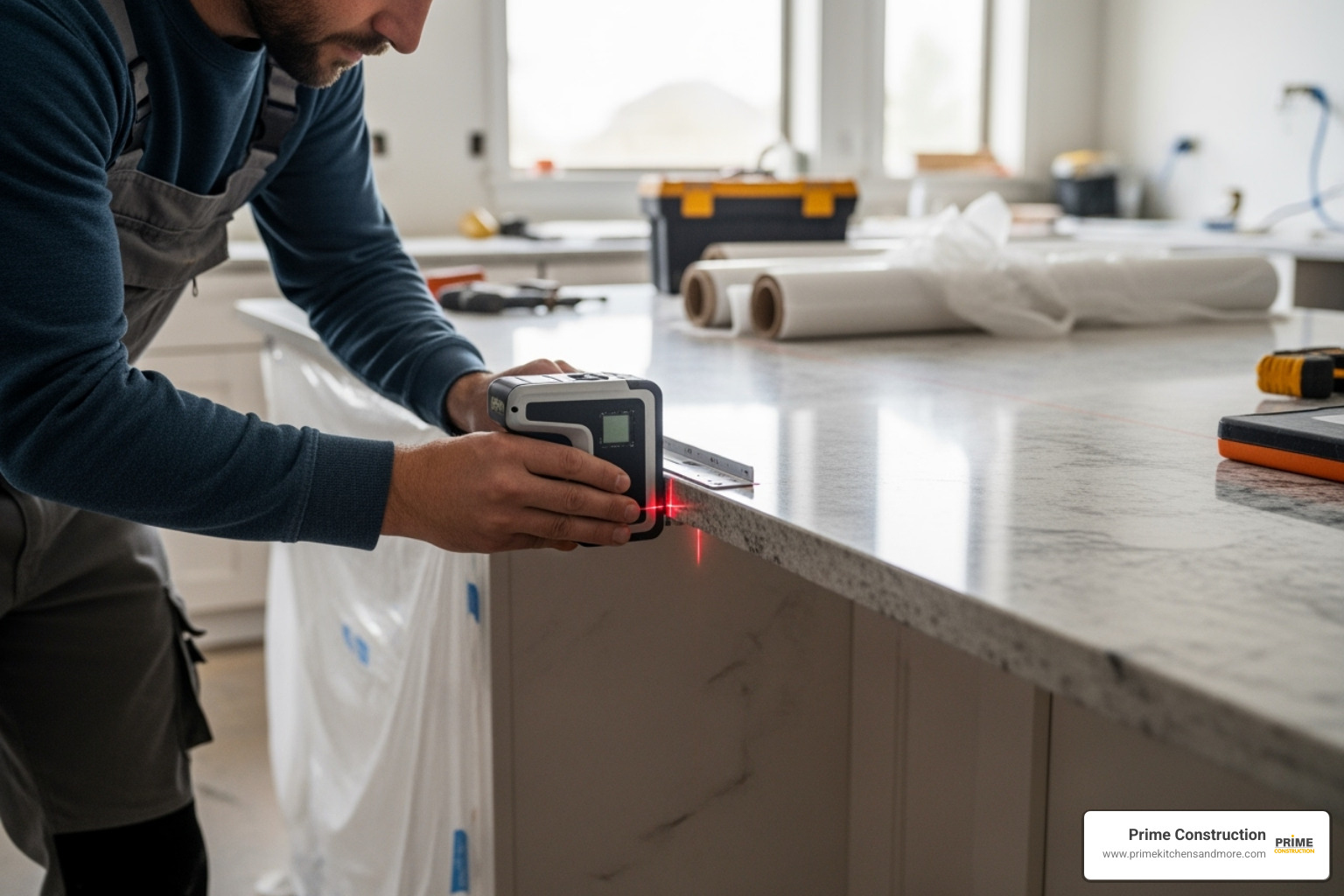 professional taking digital measurements for a countertop template - Custom kitchen countertops Orlando