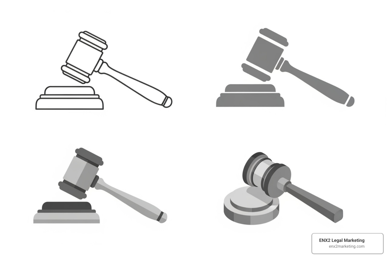 Image comparing different design styles (line, solid, flat, isometric) for the same symbol, like a gavel - law icon Image comparing different design styles (line, solid, flat, isometric) for the same symbol, like a gavel - law icon
